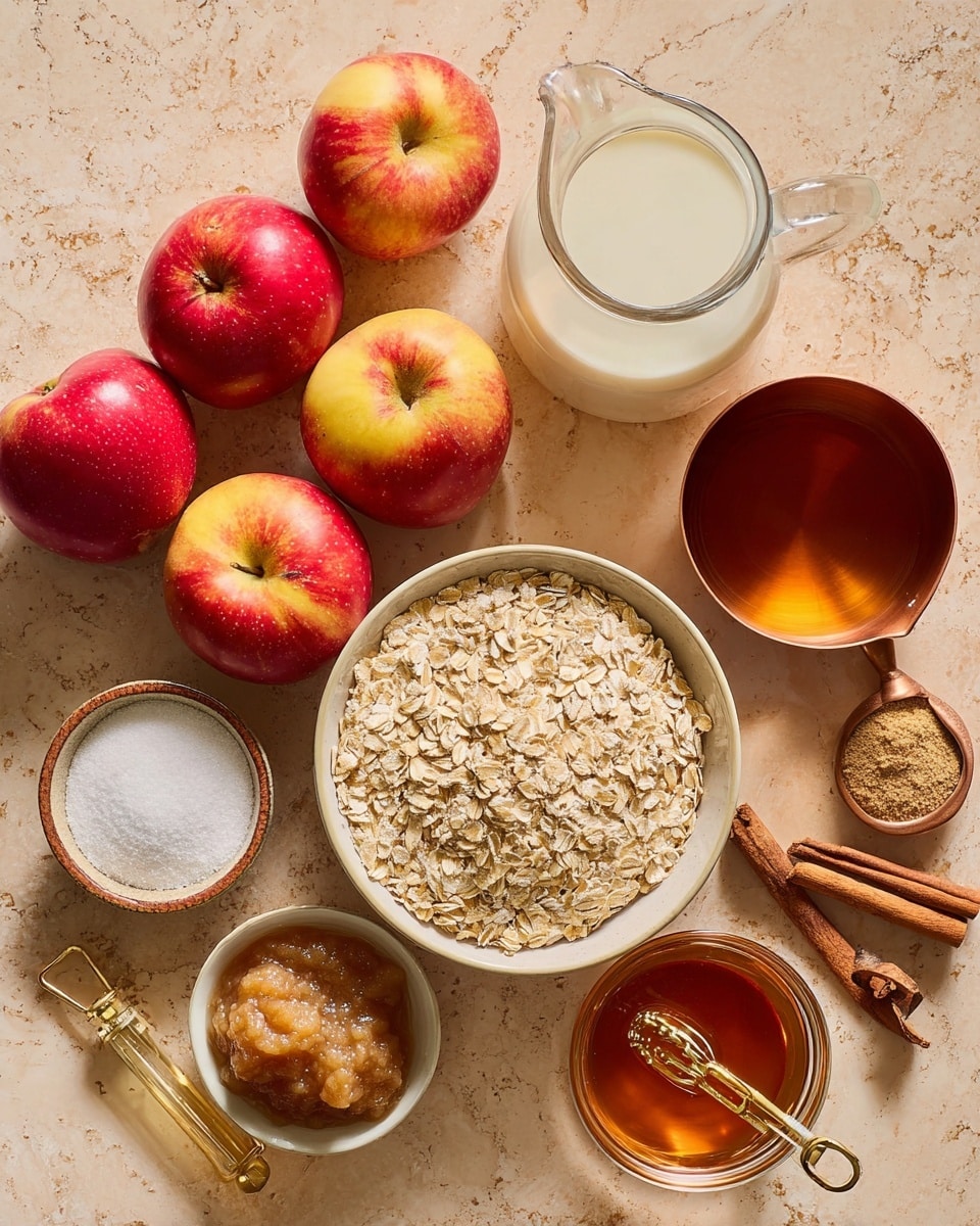 The image shows a top view of several ingredients laid out on a beige textured surface, changed to white marbled texture. There are five whole red apples with yellow highlights scattered around. A clear glass jug filled with white milk is placed near the apples. A small white bowl contains white powder, likely baking soda or baking powder, next to a small beige bowl with salt. A glass bowl holds light brown applesauce, and a large white bowl is filled with pale rolled oats, with a gold and wood measuring scoop resting inside. There is a small glass bowl with golden vanilla or brown sugar, and a copper measuring cup filled with amber liquid, likely honey or syrup. Also present are a few cinnamon sticks and a small vial with ground cinnamon powder. The lighting is soft and natural. Photo taken with an iphone --ar 4:5 --v 7