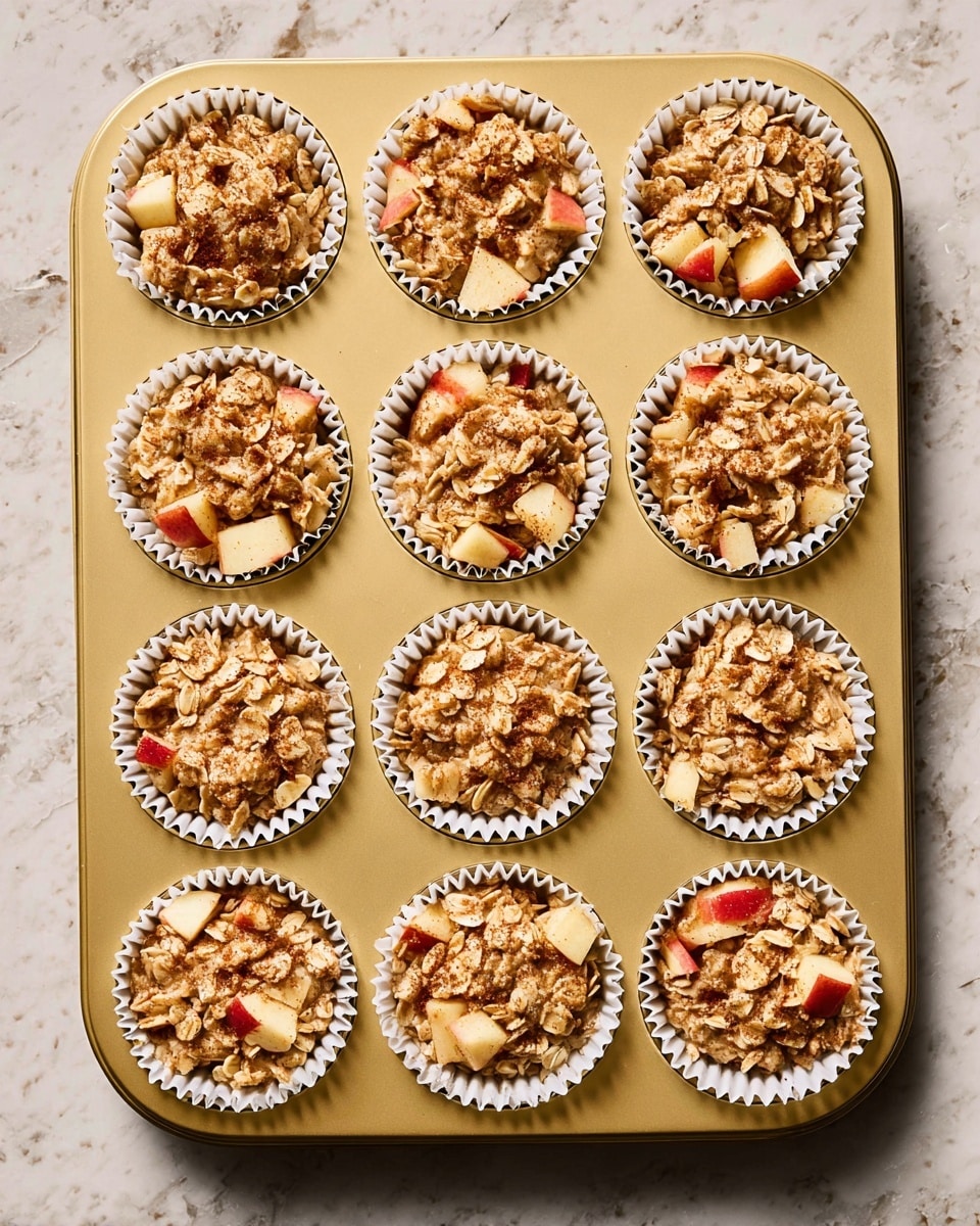 Nine white fluted paper liners filled with a mix of rolled oats and chunks of red-skinned apple with a light brown spice coating sit neatly in a gold-colored muffin tin, the mixture roughly piled above the rim of each liner, showing a rough texture of oats and softness of fresh apple pieces. The muffin tin rests on a white marbled surface. photo taken with an iphone --ar 4:5 --v 7