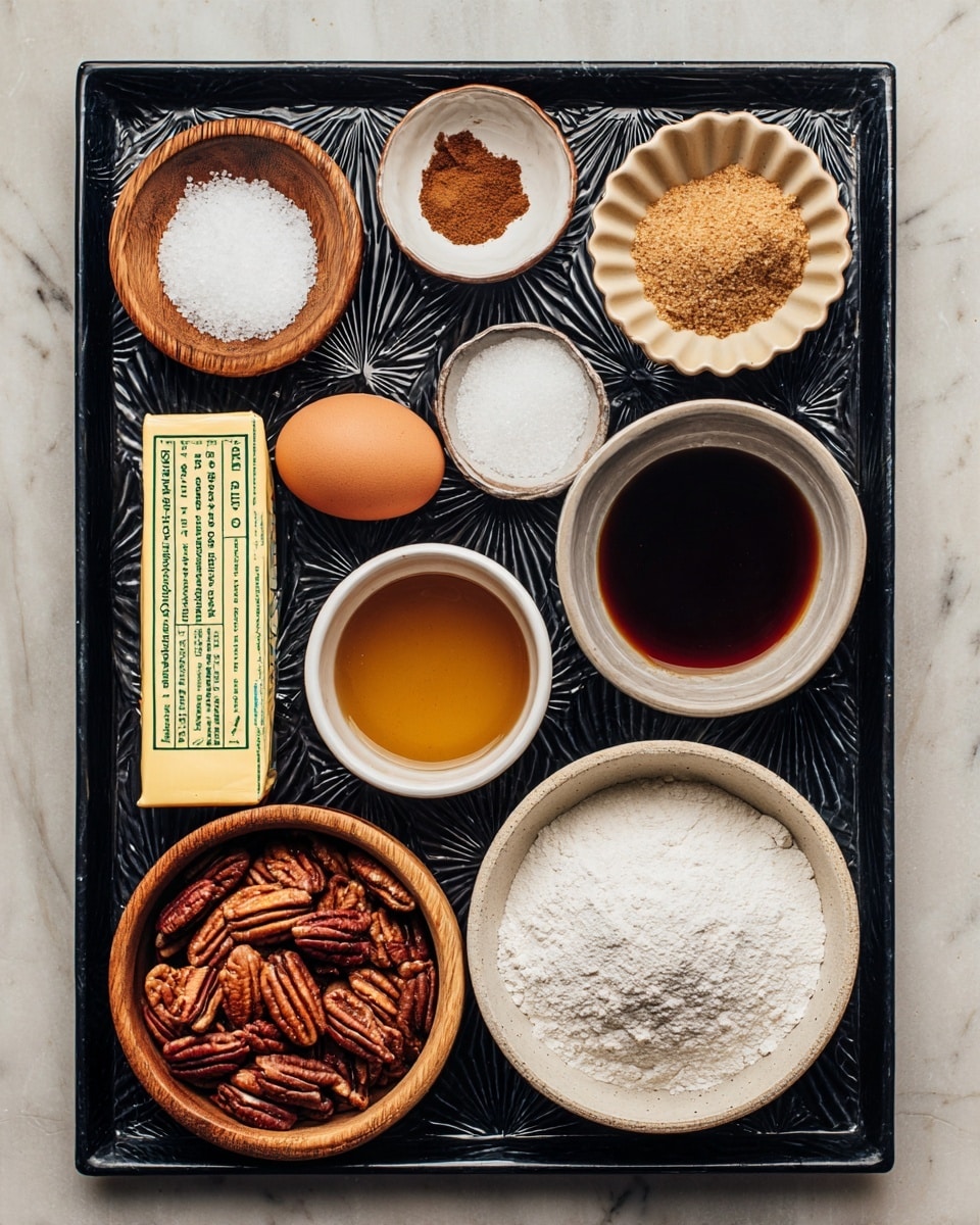 A black patterned tray holds nine cooking ingredients arranged neatly: from top left, a small wooden bowl with coarse salt, next to it a small beige bowl with ground cinnamon, and a scalloped beige bowl filled with light brown sugar at the top right; below the salt is a small white bowl of granulated sugar, next to that a small beige bowl with a dark liquid, and a whole brown egg to the right; underneath the sugar bowl is a white bowl filled with white flour, below the dark liquid is a white bowl with a golden brown liquid, and at the bottom is a small wooden bowl filled with pecan nuts; on the bottom left corner of the tray, angled diagonally, is a stick of yellow butter with green text; the tray sits on a white marbled surface photo taken with an iphone --ar 4:5 --v 7