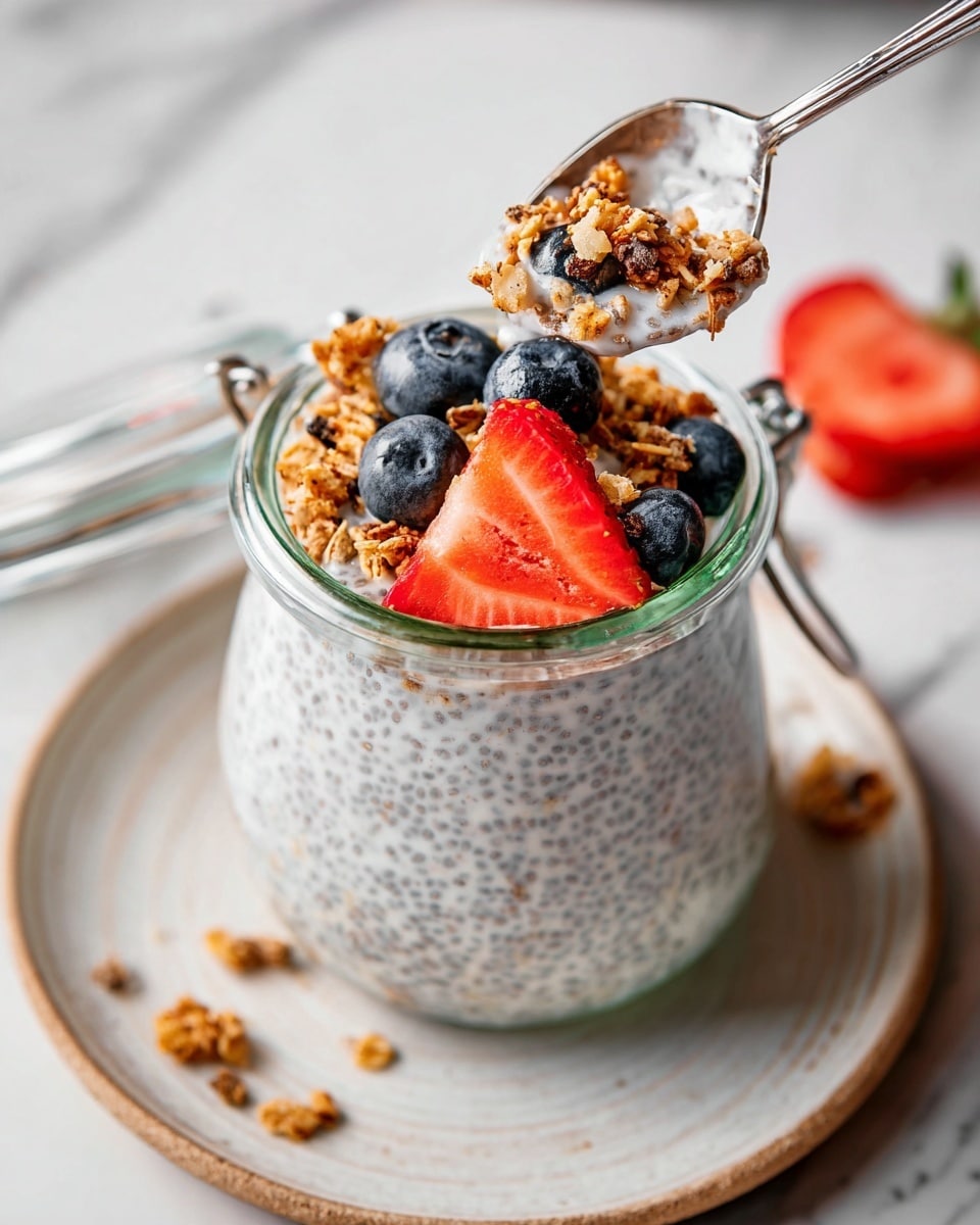 The image shows a glass jar filled with creamy chia pudding that has a light grayish-white color speckled with tiny black chia seeds. The jar is topped with a layer of golden-brown granola, fresh deep blue blueberries, and two pieces of bright red strawberry slices, one triangular and one more irregular shaped. A silver spoon is scooping some pudding near the top right of the jar. The jar sits on a round white plate with a textured rim, all placed on a white marbled surface with scattered granola and a sliced strawberry nearby. Photo taken with an iphone --ar 4:5 --v 7