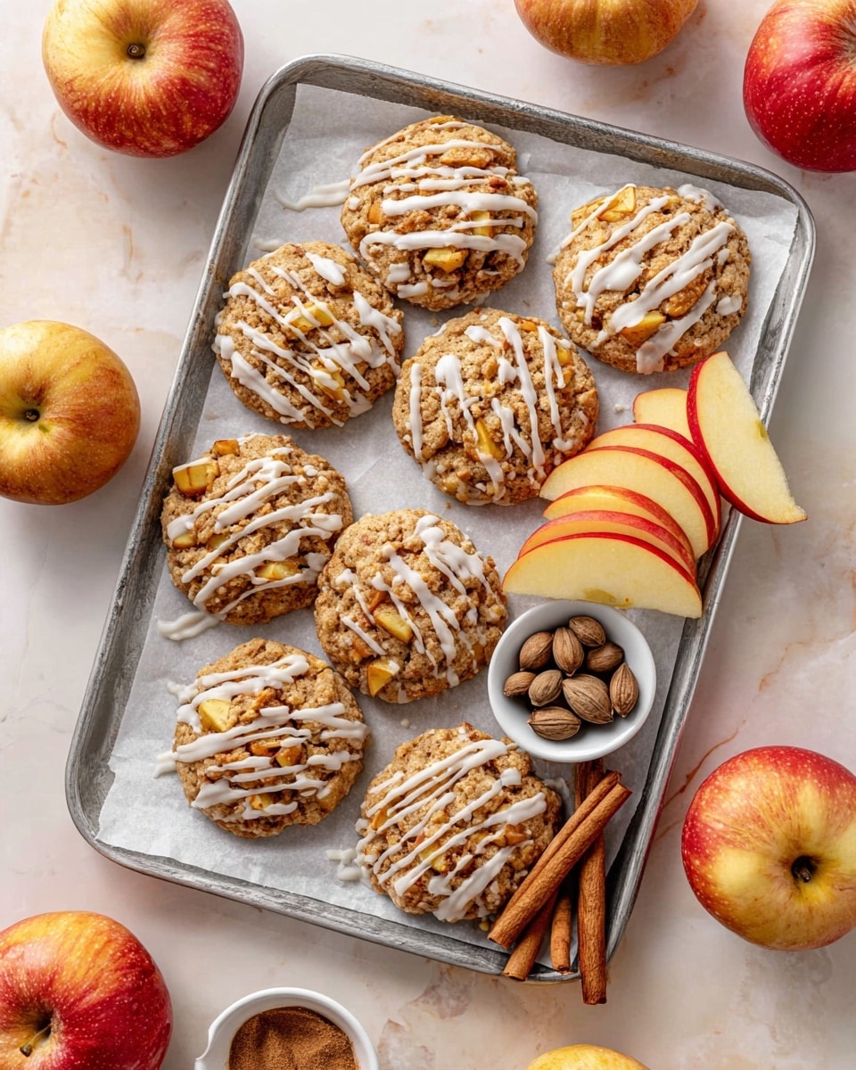 A stack of four round oatmeal cookies with visible oat flakes and small apple pieces sits in the center on a silver tray, each cookie drizzled with white icing in uneven lines. Around the stack, more cookies are spread out flat, also drizzled with white icing. On the right side of the tray, neatly arranged thin slices of red apple with yellow tones form a fan shape. In the background, a whole red apple with yellow streaks is visible on a white marbled surface, and cinnamon sticks lie out of focus near the bottom right corner. The scene is cozy with soft, warm lighting. photo taken with an iphone --ar 4:5 --v 7