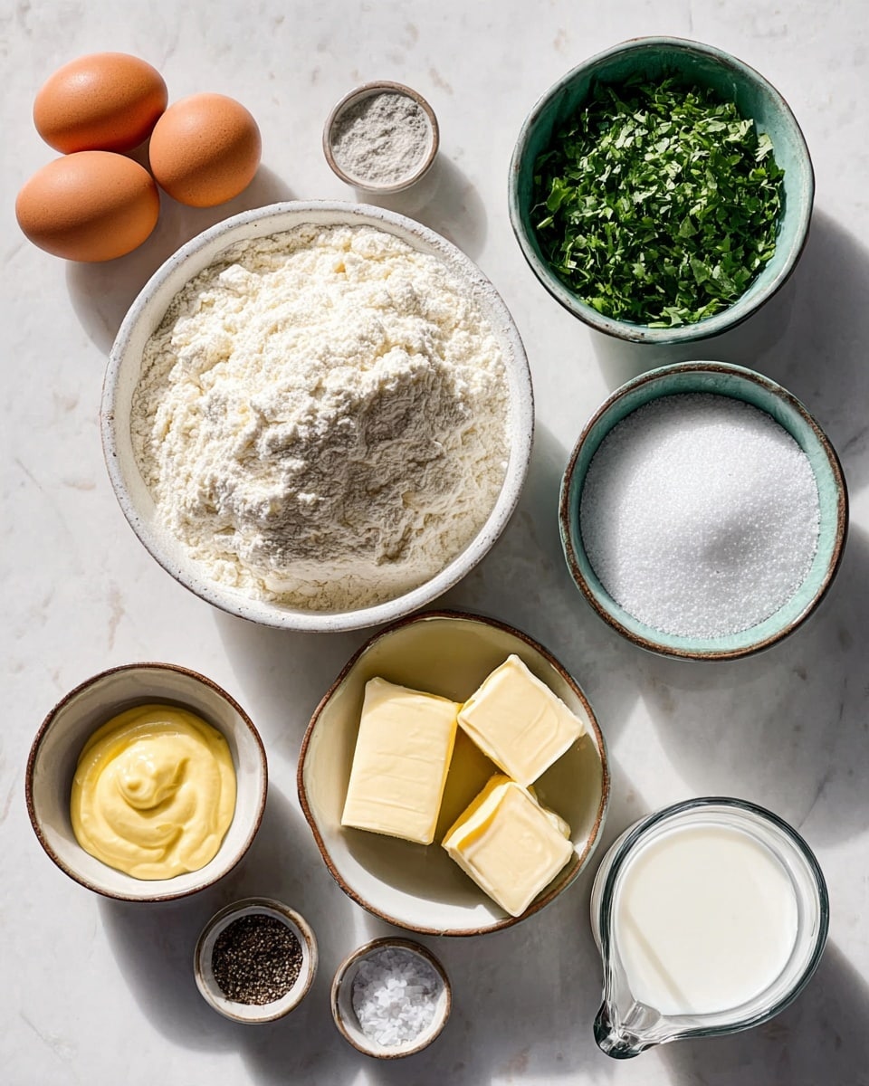 The image shows eight small white bowls and a clear glass jug arranged on a white marbled surface. In the center, a white bowl holds a heaped pile of white flour with a rough texture. Above it, a bowl contains chopped fresh green herbs. To the right, a bowl is filled with white salt. At the bottom right, a clear glass jug holds frothy white milk. Below the flour, another bowl contains three square pieces of pale yellow butter. To the left of the butter, a bowl has a mustard-yellow dollop of sauce. Below this, a bowl holds crushed black pepper. At the top left, two brown eggs rest side by side in a white bowl. The lighting is bright, making the colors clear and natural. photo taken with an iphone --ar 4:5 --v 7