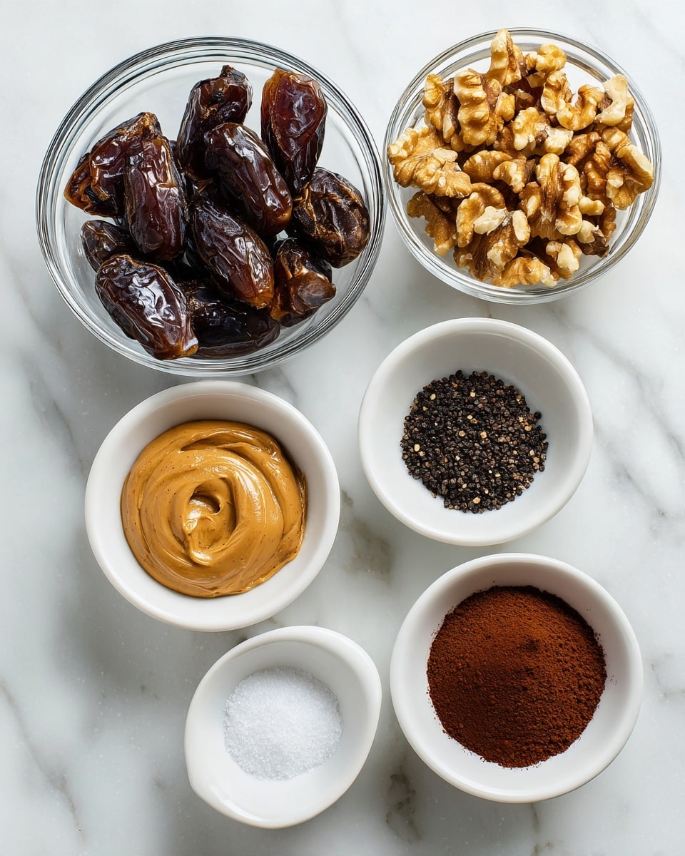 Top view of six small white bowls on a white marbled surface, each filled with different ingredients. Starting from the top left, there is a glass bowl full of dark brown, wrinkled dates with a shiny texture. To the right of it, a white bowl holds uneven light golden-brown walnut halves with visible rough textures. Below the dates, a glass bowl contains light brown smooth hazelnut butter. Next to it, a small white bowl has a layer of fine white salt powder with a small pile of black vanilla seeds on top. At the bottom right, another white bowl is filled with dark reddish-brown cocoa powder, fine and powdery. Finally, below the salt and vanilla bowl, a white bowl holds dark brown espresso powder with a fine texture. The bowls are arranged neatly on a clean white marbled surface, photo taken with an iphone --ar 4:5 --v 7