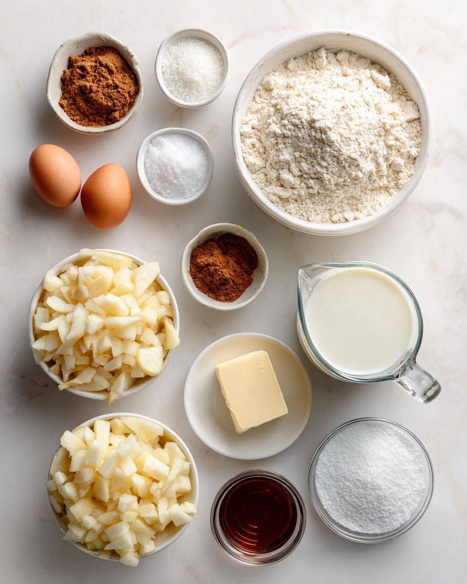 The image shows a flat lay of various baking ingredients on a white marbled surface with clear labels for each item. At the top right, a white bowl holds several dry ingredients layered softly: off-white flour takes up most of the space, surrounded by small piles of brown cinnamon, white baking soda, baking powder, sugar, and salt, all neat and separated. Below, two brown eggs rest side by side in a small white bowl on the left. To the right, a clear glass measuring jug filled with white milk appears smooth and almost full. Below these is a white bowl filled with light brown shredded apples with a soft texture, next to another clear glass bowl holding a thicker pile of diced apples in pale yellow and white tones. A small white bowl with a square of pale butter sits below, next to a white bowl filled with dark amber maple syrup. At the bottom right, a small jar contains ground cinnamon, rich brown in color, and beside it is a small white bowl stacked with granulated white sugar. The overall arrangement is orderly and bright, with a clean and fresh look, photo taken with an iphone --ar 4:5 --v 7