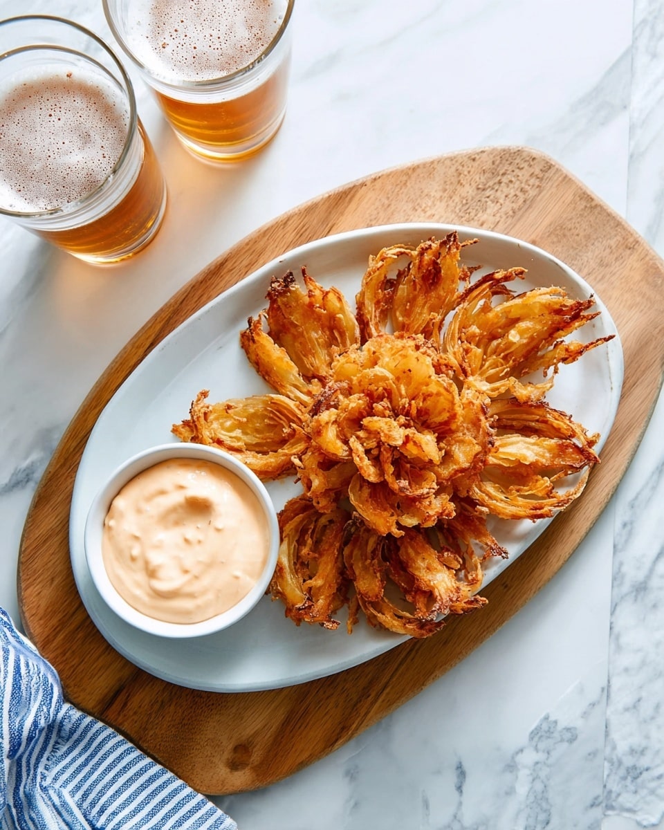 The image shows a single white plate filled with a single layer of golden brown fried onion petals arranged like a flower with petals spread outward from the center. Next to the plate is a small white bowl filled with creamy pale orange dipping sauce that has a crispy onion petal dipped in it. The plate and bowl sit on an oval wooden board placed on a white marbled surface. Two clear glasses of amber-colored beer with white foam tops are visible in the upper left corner, and a blue and white striped napkin is near the bowl. photo taken with an iphone --ar 4:5 --v 7