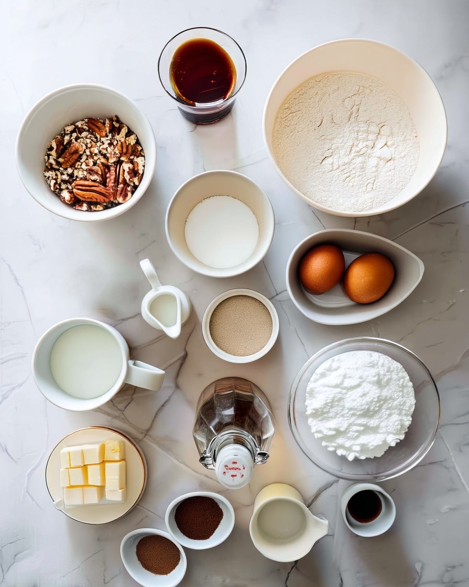 A top-down view shows 12 small white bowls and glasses arranged on a white marbled surface, each holding a different baking ingredient. In the top right, a large white bowl is filled with white flour that looks soft and powdery. To its left, a smaller white bowl holds chopped nuts, mainly pecans, rough and brown. Next to it, a small glass container holds dark amber syrup. Below the flour, an oval white bowl contains two whole brown eggs. In the middle left, a white cup has white milk, and near it, a small white pitcher contains cream. A small bowl near the center holds tiny beige grains, likely yeast. Near the bottom left, a small plate has small cubes of pale yellow butter. In a clear white bowl to the right, white powdered sugar is piled. Small containers near the bottom hold dark brown cinnamon powder, white salt, dark speckled pepper, and a tiny bowl holds dark vanilla extract. A glass bottle with a metal cap filled with clear liquid sits near the center. photo taken with an iphone --ar 4:5 --v 7
