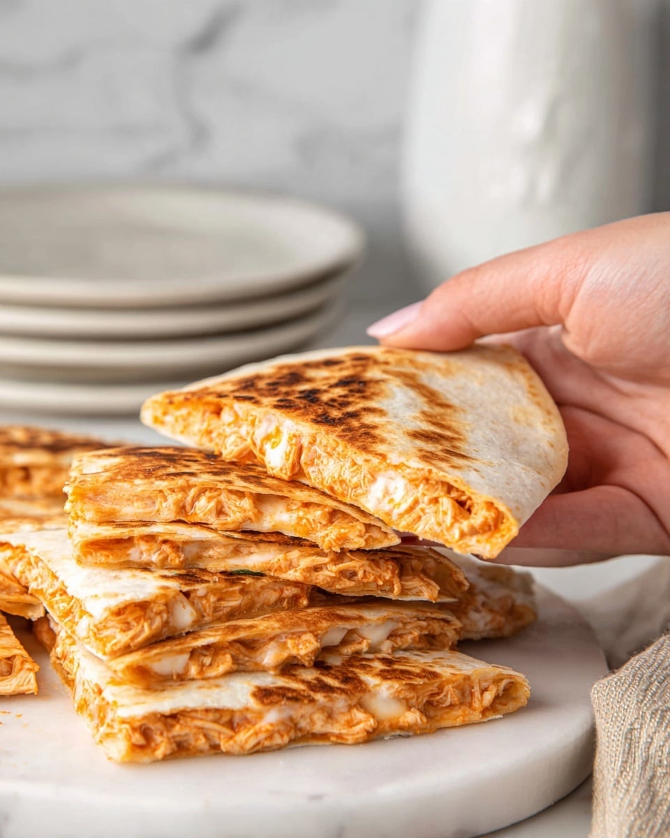 A woman's hand is holding a slice of quesadilla with a golden-brown toasted outer layer that has a slightly crispy texture. Inside, there are two visible layers of filling: one layer of finely shredded chicken mixed with a light orange sauce and a layer of melted white cheese, both evenly spread within the folded white tortilla. Below the slice, several other quesadilla slices are stacked on a white marbled surface, showing similar toasted golden-brown tops and orange filling peeking out from the edges. In the background, there is a stack of white plates and some blurred white kitchen items with subtle marbling. photo taken with an iphone --ar 4:5 --v 7