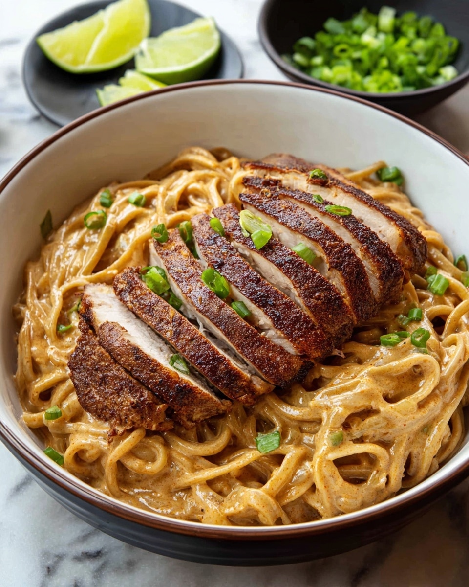 A bowl filled with a thick layer of creamy, light tan noodles at the bottom, twisted loosely and evenly spread to cover the base. On top of the noodles lies a perfectly cooked, sliced piece of meat with a dark, spicy brown crust, arranged in an angled row showing the juicy white inside. Small green onion pieces are sprinkled over the meat as garnish. The bowl is white with a thin dark rim, placed on a white marbled surface. In the background, there is a small black bowl with chopped green onions and lime wedges visible. Photo taken with an iphone --ar 4:5 --v 7
