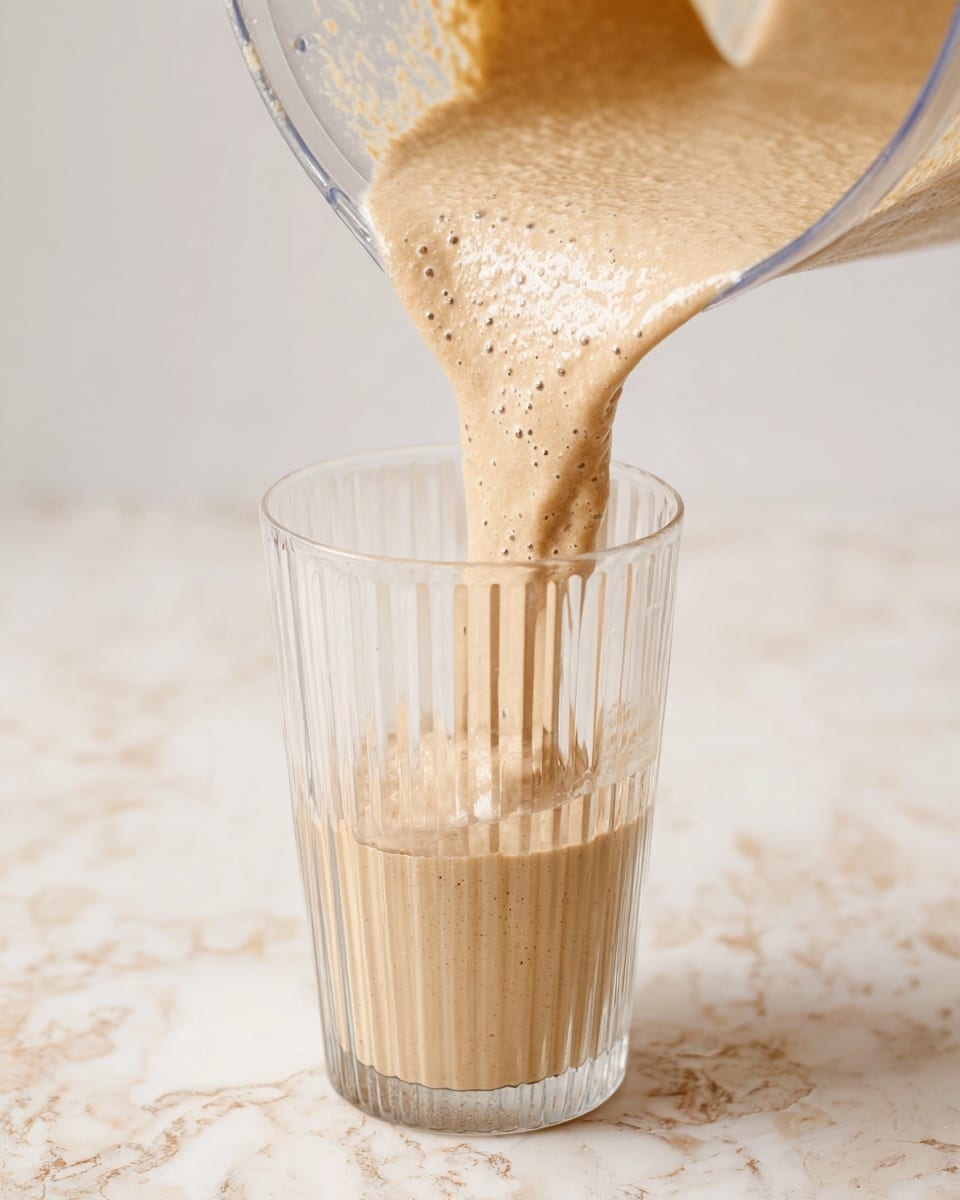 A textured beige smoothie with small bubbles is being poured from a clear plastic blender container into a tall, clear ribbed glass. The smoothie flows smoothly, filling the glass about halfway. The scene is set on a surface with a white marbled texture, creating a clean and light background. photo taken with an iphone --ar 4:5 --v 7