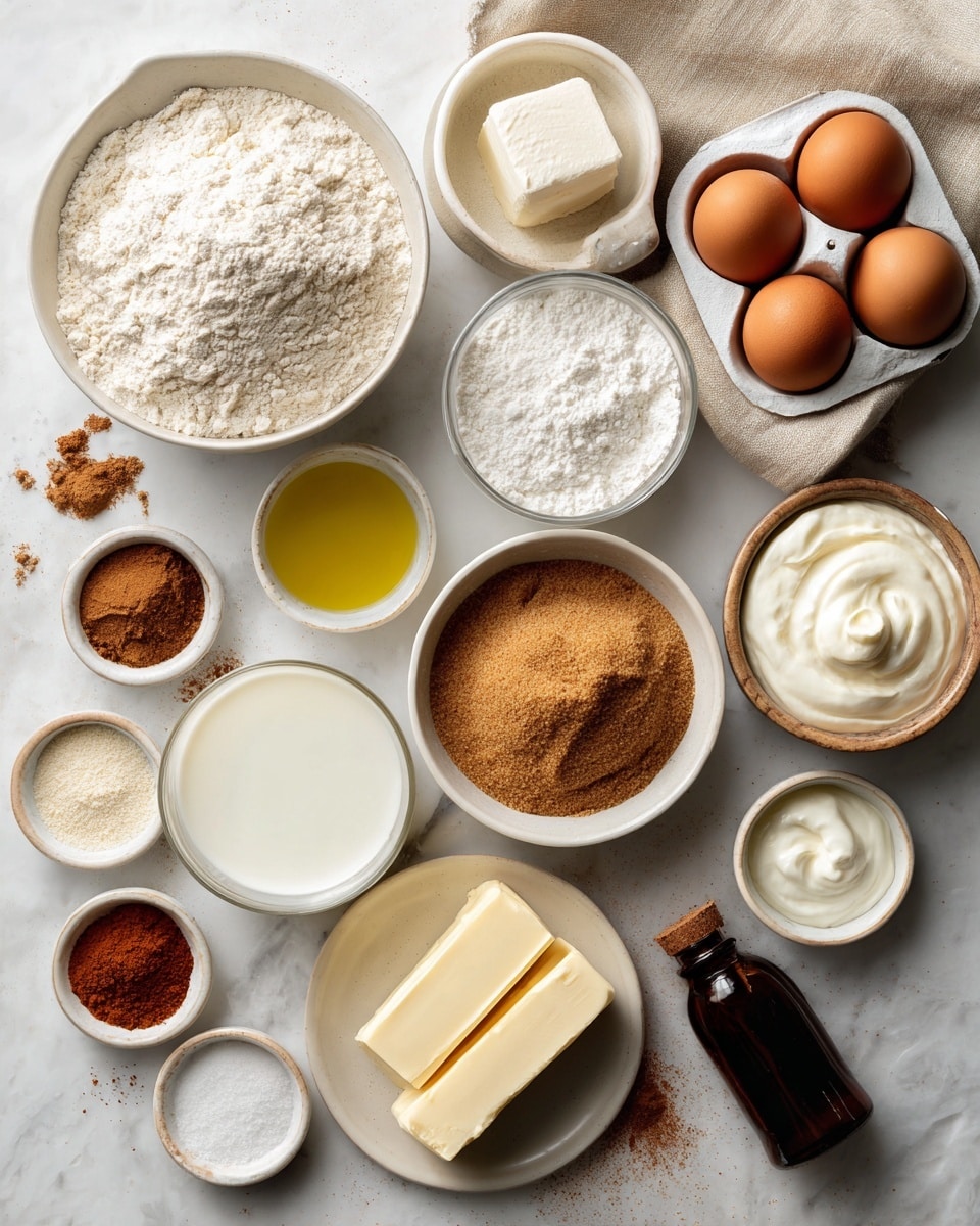 The image shows a top view of many baking ingredients neatly arranged on a white marbled surface. Starting from the top left, there is a white bowl filled with light off-white all-purpose flour, next to it is a white bowl of fine white powdered sugar. Towards the upper right corner, two brown eggs sit in a white egg holder with a light beige cloth casually surrounding them. Below the eggs is a white bowl of light yellow vegetable oil. Next to it is a white bowl of granulated white sugar. Below the flour is a white bowl of smooth white sour cream, next to it is a white bowl of pale creamy whole milk. To the lower left side, there is a bowl with light brown soft brown sugar, and beneath it, several rectangular sticks of pale yellow butter rest diagonally on the surface. In the middle right is a small brown bowl with a few white powders, including baking powder, baking soda, and salt. Next to the brown bowl is a dark glass bottle of vanilla extract. Around the center bottom are small white dishes with warmly colored ground spices: cinnamon, clove, ginger, cardamom, and nutmeg. A small bowl of heavy cream is slightly off to the bottom left. The ingredients are arranged in an organized, visually appealing manner with soft natural lighting highlighting the textures and colors. photo taken with an iphone --ar 4:5 --v 7