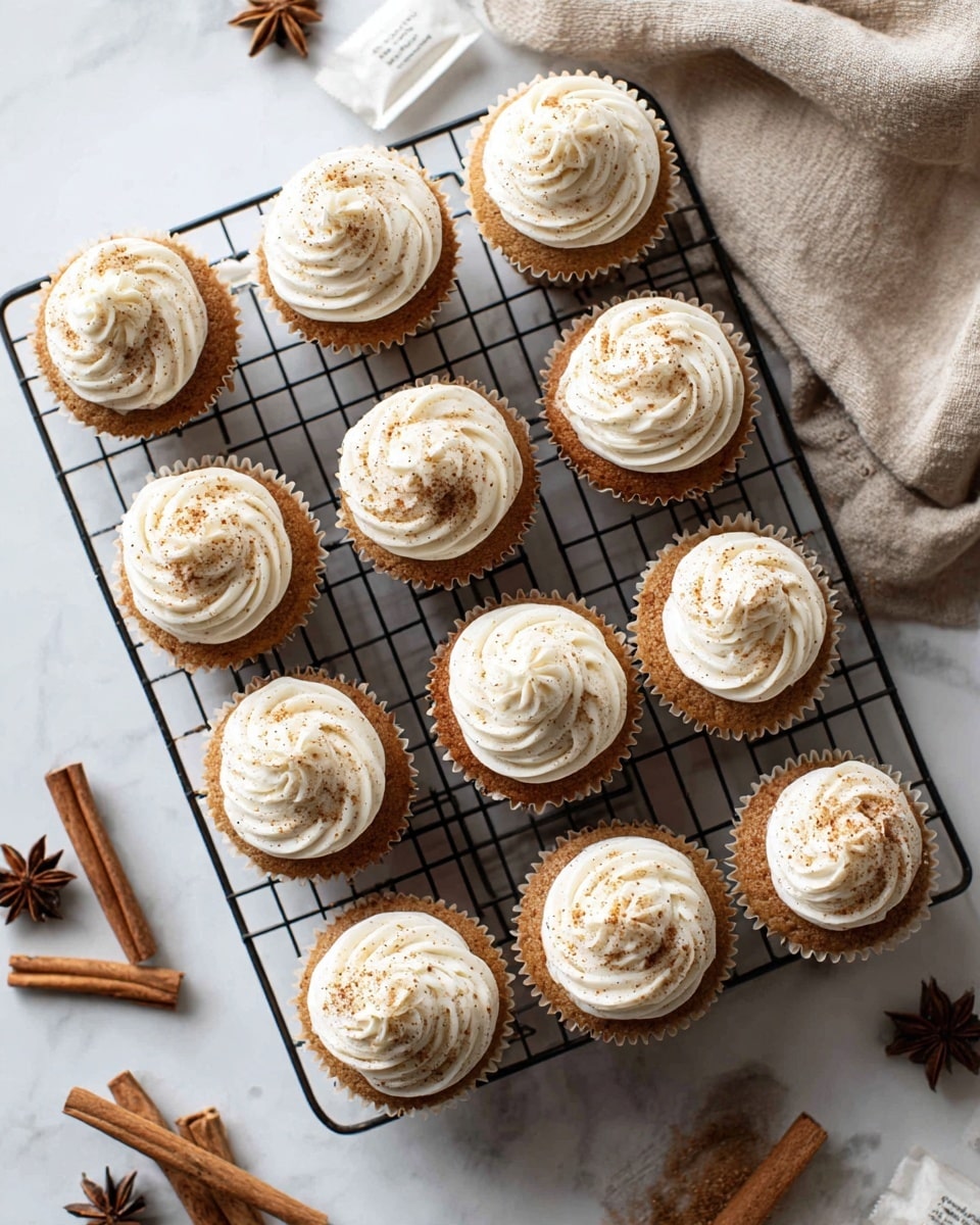 A cooling rack holds twelve cupcakes arranged in rows on a white marbled surface. Each cupcake has two layers: the bottom layer is a light brown cake with a smooth surface, and the top layer is a thick swirl of white frosting sprinkled with a light dusting of cinnamon, giving a soft, powdery texture to the icing. The cupcakes are evenly spaced on the cooling rack, and the top-down shot shows the smooth wire grid of the rack beneath them. In the background, there are cinnamon sticks, star anise spices, a beige cloth folded casually, and a white tea bag close to the top edge of the frame. Photo taken with an iphone --ar 4:5 --v 7