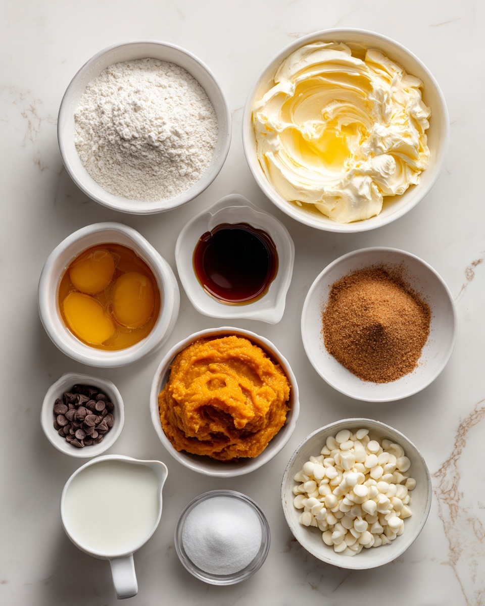 The image shows various baking ingredients arranged neatly on a white marbled surface. At the top center is a white bowl filled with melted butter, creamy and slightly foamy with golden yellow swirls. To the left is a white bowl of all-purpose flour, powdery and white with some small clumps. To the right of the butter is a white bowl filled with finely packed brown sugar, rich and grainy with a warm brown color. Below the butter is an orange pumpkin puree in a white bowl with a smooth yet slightly textured surface. Below the flour is a white plate with dark amber vanilla extract, shiny and liquid. To the right of the vanilla is a white bowl with amber maple syrup, glossy and thick. Below these are individual items: a white cup of powdered sugar, white and fluffy; a small glass of milk, clear and smooth; a single white egg; a white plate with brown cinnamon, light ginger powder, white salt, and ground nutmeg all arranged separately; and a clear bowl filled with white chocolate chips, smooth and shiny. The items are laid out evenly with labels identifying each ingredient. Photo taken with an iphone --ar 4:5 --v 7