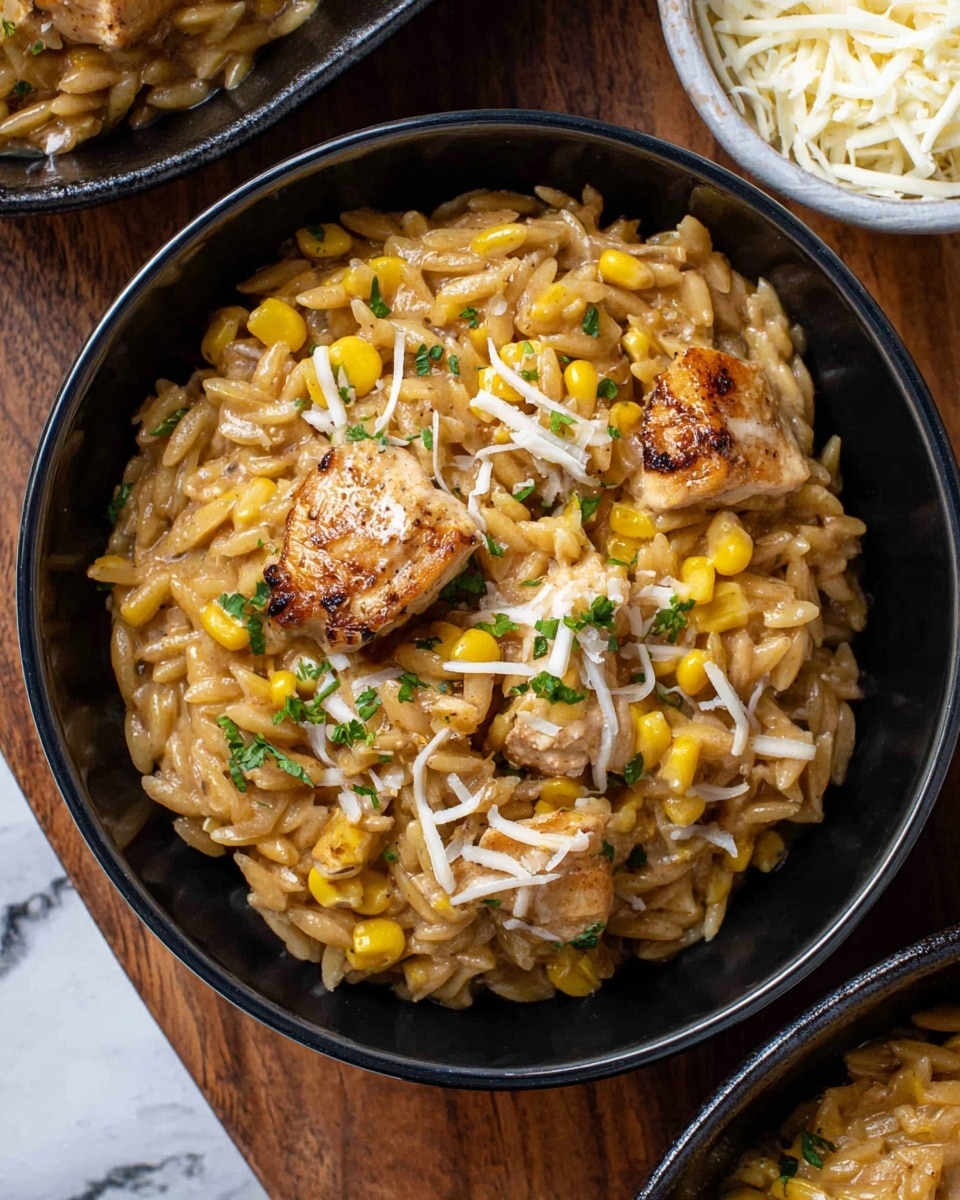 The image shows a black bowl filled with a creamy dish made of short rice noodles or orzo shaped pasta mixed with small, bright yellow corn kernels and browned pieces of chicken on top. The chicken is golden-brown with a slightly crispy texture. The dish is sprinkled with finely chopped green herbs and some thin trails of white grated cheese, adding a fresh look. The bowl is set on a white marbled surface, and part of another bowl containing white grated cheese is visible in the background. A silver fork lies nearby on the white marbled surface. photo taken with an iphone --ar 4:5 --v 7