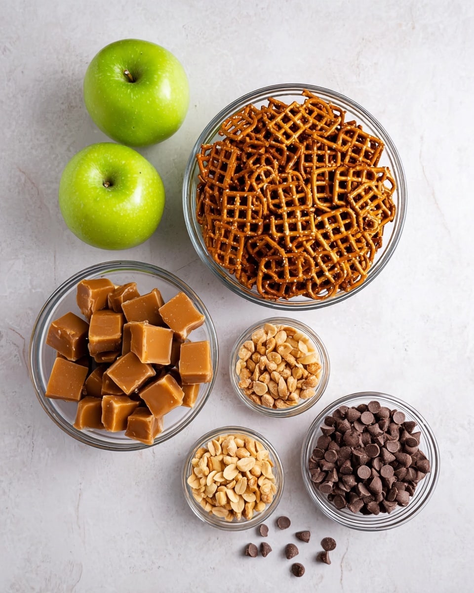 The image shows a white marbled surface with five clear glass bowls and three green apples. One large bowl is filled with square pretzels that have a shiny, brown texture and a grid pattern. Another large bowl contains soft caramel cubes with smooth, wrapped-looking textures in a light brown color. There is a smaller bowl with dark brown chocolate chips, some scattered outside the bowl. Another small bowl holds chopped peanuts in light golden tones. The three green apples have smooth shiny skin and are placed together near the top left. Photo taken with an iphone --ar 4:5 --v 7