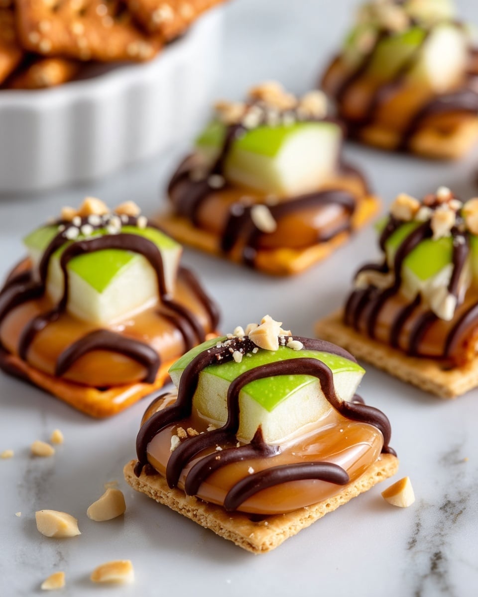 A white bowl filled with small stacks of snacks made from three layers: the bottom layer is a shiny orange pretzel with a square shape, the middle layer is a smooth round caramel candy, and the top layer is a small green apple wedge showing its white inside. Each stack is decorated with dark brown chocolate drizzled in thin lines and sprinkled with small chopped light brown nuts. More pretzels are scattered on the white marbled surface in the background. photo taken with an iphone --ar 4:5 --v 7