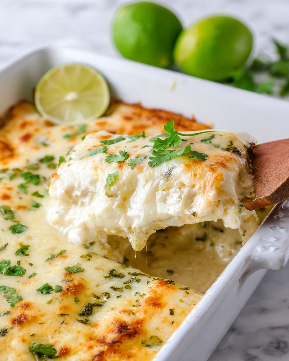 A close-up view of a white baking dish filled with creamy, cheesy casserole topped with melted white cheese and sprinkled with fresh green cilantro leaves. A wooden spatula lifts one cheesy portion, showing a thick, smooth, and creamy texture with hints of light yellow and white cheese layers, and small green herb bits. The casserole base looks soft and rich, slightly bubbling around edges with a golden tint. In the background, two whole limes and some cilantro add a fresh touch, all set on a white marbled surface. Photo taken with an iphone --ar 4:5 --v 7