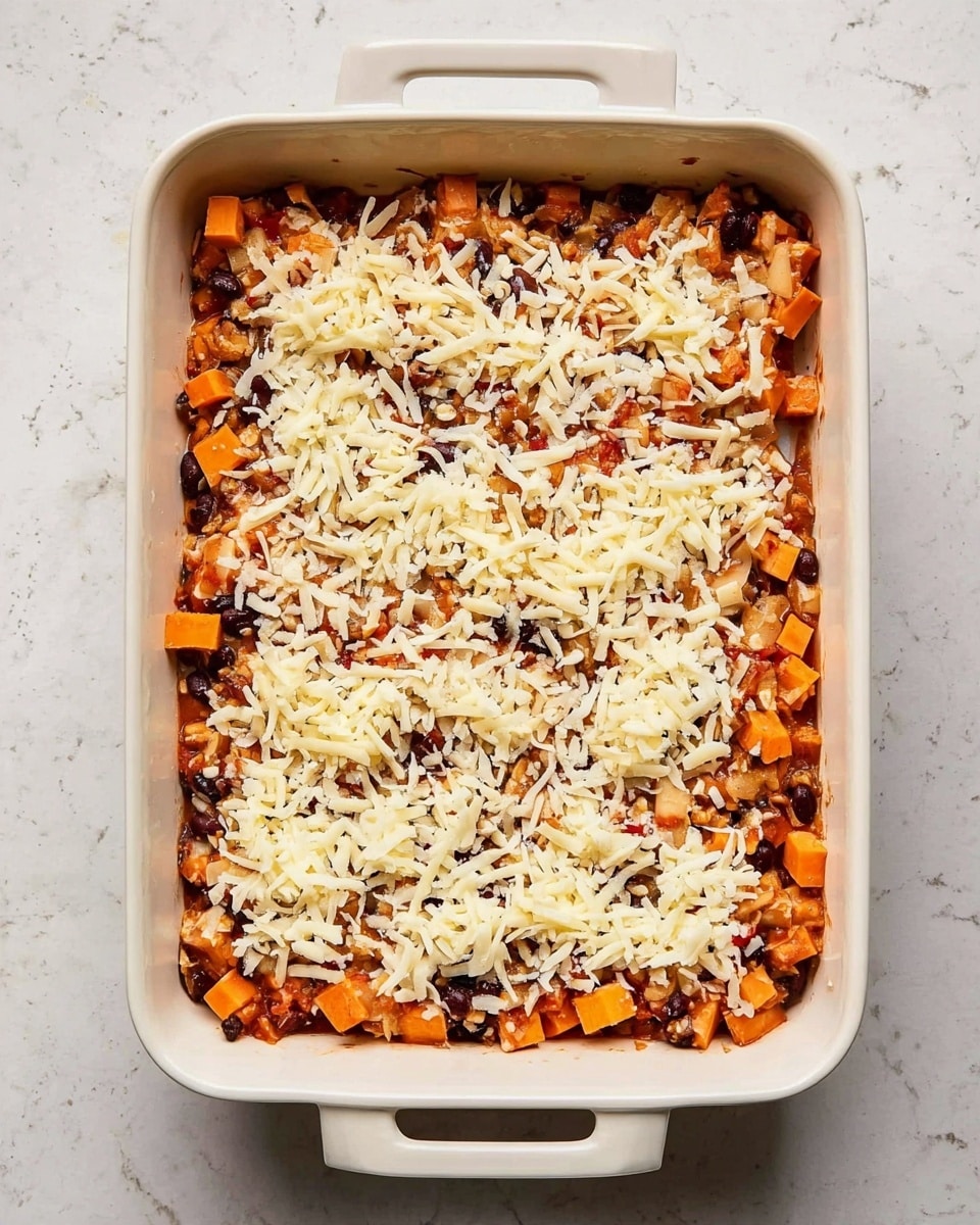 A rectangular white baking dish with two handles is filled with a layered casserole. The bottom layer shows a mix of cubed orange sweet potatoes, dark black beans, and small pieces of light-colored tofu or chicken in a red tomato-based sauce. On top of this layer, shredded white cheese is spread unevenly but mostly covers the surface, with some bits of the casserole visible through the cheese. The dish sits on a surface with white marbled texture. Photo taken with an iphone --ar 4:5 --v 7