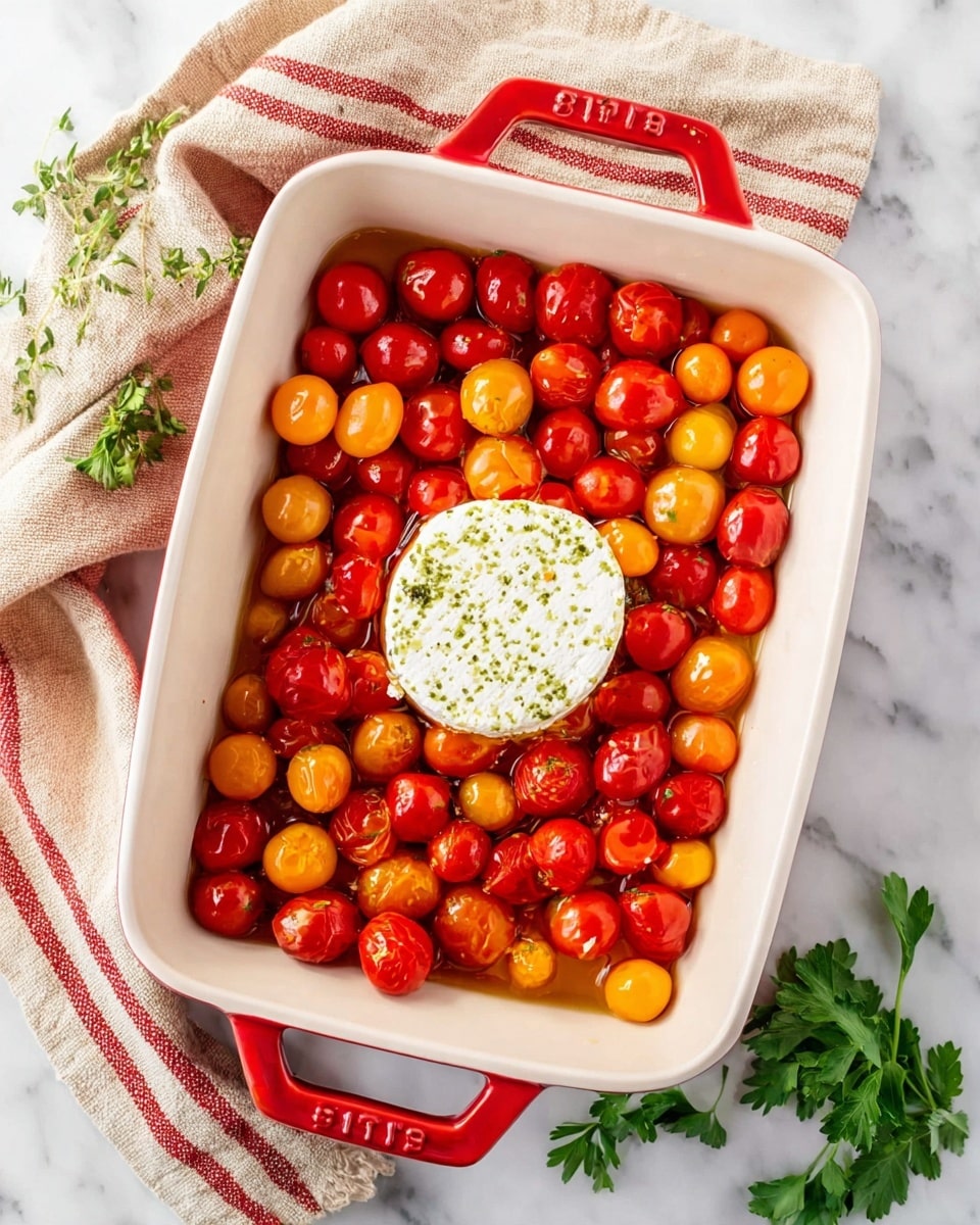 A white rectangular baking dish with red handles filled with a mix of small red, orange, and yellow cherry tomatoes spread evenly across the bottom, topped in the center with a round piece of soft white cheese with green herbs visible inside. The dish is placed on a white marbled surface with a beige and red striped cloth nearby and some green parsley leaves visible on the side. photo taken with an iphone --ar 4:5 --v 7