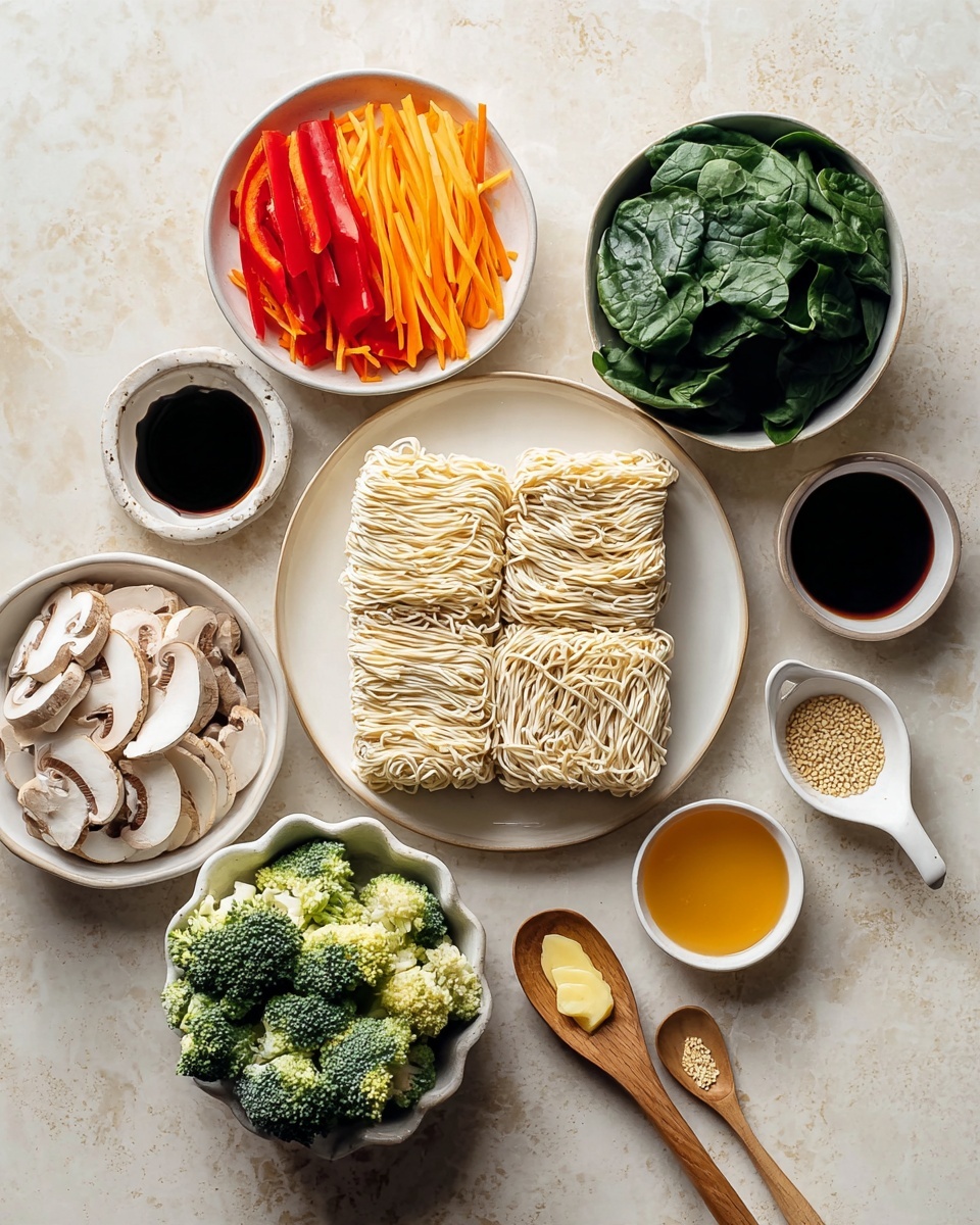 A white plate in the center holds four blocks of light beige dry noodles, tightly packed with thin strands. To the top right of the plate, there is a white bowl full of fresh dark green spinach leaves that are smooth and slightly glossy. At the top left, another white bowl contains thin julienned strips of bright orange carrot and red bell pepper placed side by side. Below the noodles, a white bowl holds fresh green broccoli florets with small stalks. To the bottom left, sliced white mushrooms with brown edges fill a white bowl, showing smooth curved caps and gills. Small white bowls and a wooden spoon surround the central plate with different sauces and ingredients: two dark soy sauces in small bowls, one light yellow sauce in a scalloped white dish, minced yellow ginger on a wooden spoon, a few cloves of garlic in a bowl, sesame seeds in a small white bowl, and an orange dipping sauce in a small white cup. All items sit on a white marbled surface. Photo taken with an iphone --ar 4:5 --v 7