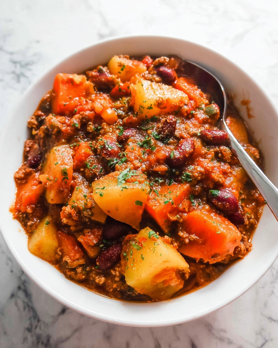 A white bowl filled with a thick stew showing three main layers: large chunks of bright orange carrots, pale yellow potato pieces, and small dark red beans mixed with ground meat in a rich reddish-brown sauce. The top is sprinkled lightly with green herbs. The bowl sits on a white marbled surface with a spoon placed inside the bowl. Photo taken with an iphone --ar 4:5 --v 7