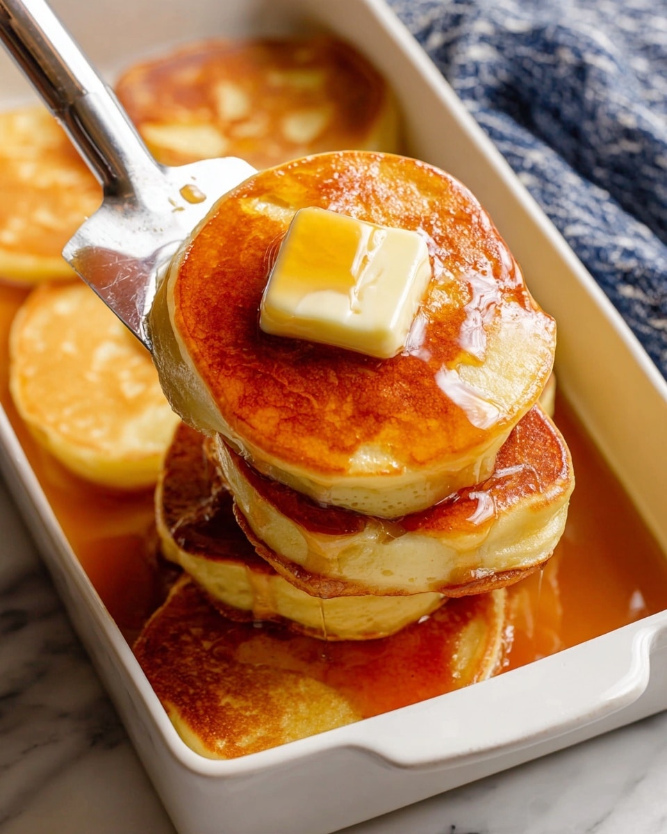 A close-up view of a stack of three golden-brown pancakes with smooth, slightly shiny syrup dripping over them. The top pancake has a square of pale yellow butter melting, with a small piece cut and placed leaning on it. The pancakes show soft, fluffy textures with slightly browned edges. The stack is being lifted by a shiny metal spatula from a white rectangular dish filled with more pancakes and syrup around the sides. The whole scene is set on a white marbled surface with a hint of a blue and white cloth on the side photo taken with an iphone --ar 4:5 --v 7