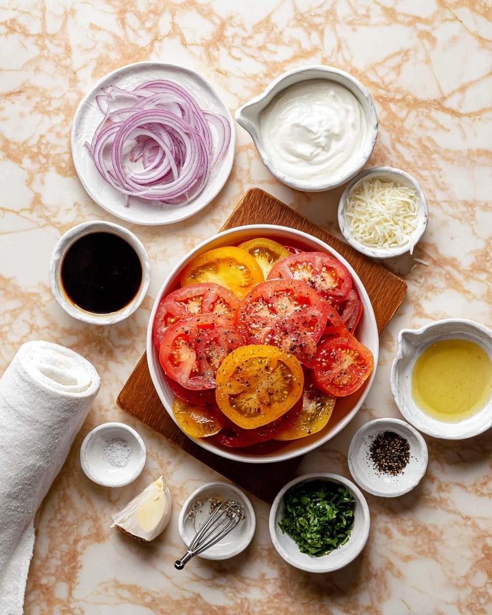 A white bowl filled with three layers of sliced tomatoes in red and yellow colors, sitting on a wooden board. To the top left of the bowl, there is a white dish with thinly sliced red onions. Above and around the bowl, there are several small white dishes and bowls with different foods or sauces: a bowl of thick white cream, a small jug filled with dark brown liquid, a shallow bowl of chopped green herbs, a cup of a dark sauce, a small bowl with a light yellow sauce and a tiny whisk inside it, a small white dish with ground black pepper and salt, a small bowl with shredded white cheese, and a small white cup with light olive oil. There are two garlic cloves near the top right of the board, and a rolled white cloth napkin is placed on the bottom left side of the image. All items sit on a white marbled surface. photo taken with an iphone --ar 4:5 --v 7