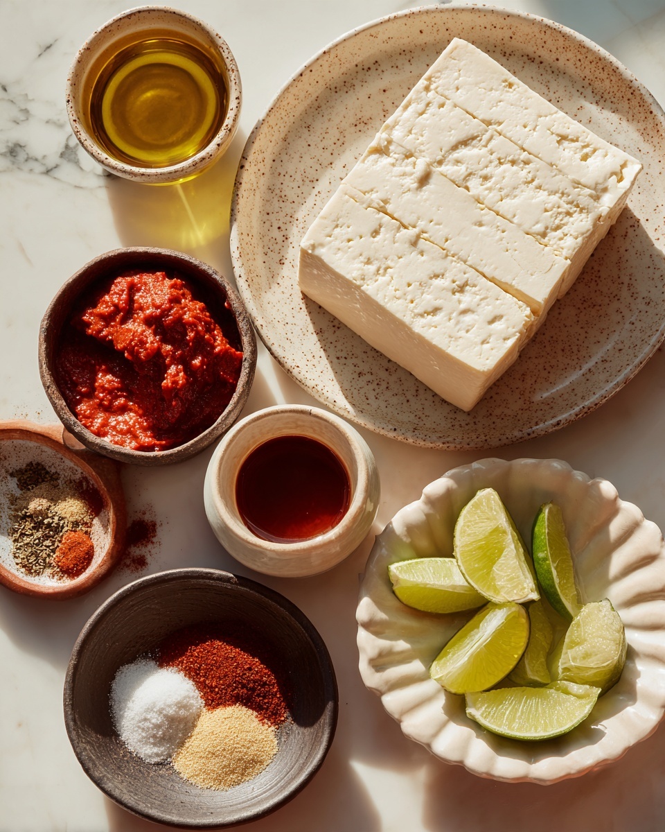 A block of pale off-white super firm tofu sits on a white speckled plate on the left, next to a small rustic bowl with bright red tomato paste with a smooth and thick texture. Below the tomato paste is a small cup filled with clear golden oil. Near the bottom left, a dark bowl holds an array of dry seasonings in different powders and colors, including white, red, light brown, and yellow. On the right side, a white bowl with a scalloped edge holds fresh lime wedges with bright green skin and pale green flesh. Below that, a small cream-colored bowl contains a thick reddish-brown adobo sauce. The items are all arranged on a white marbled surface with soft natural light. photo taken with an iphone --ar 4:5 --v 7