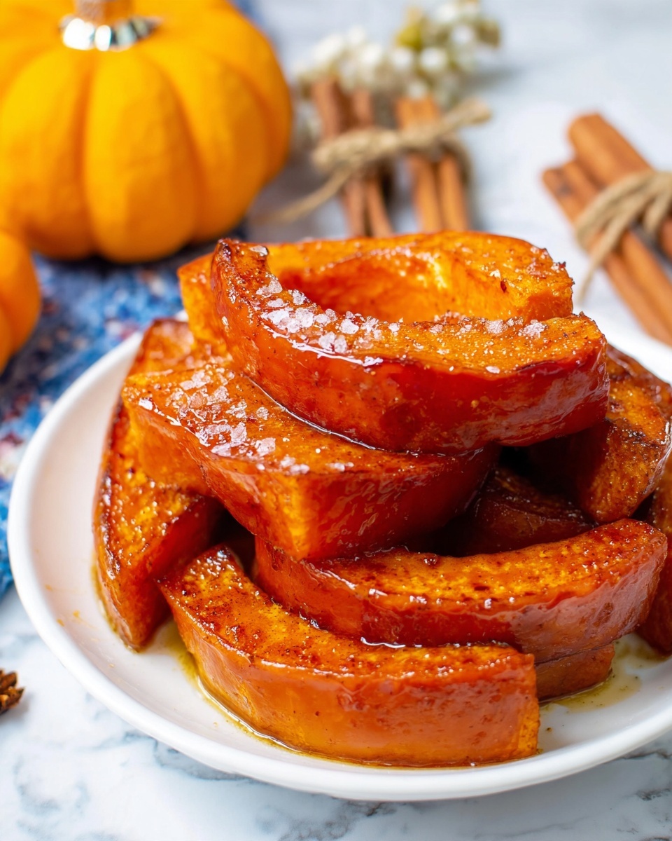 This image shows a white plate with a stack of five thick slices of roasted pumpkin, each slice showing a deep orange color with a shiny and slightly sticky glaze. The pumpkin slices have a soft texture with visible seasoning, probably cinnamon or similar spices, and a sprinkle of coarse salt on top. The stack is arranged in a loosely overlapping pattern, almost forming a small tower. In the background, there are blurred small decorative pumpkins and a bundle of cinnamon sticks tied with twine, all set on a white marbled surface. Photo taken with an iphone --ar 4:5 --v 7