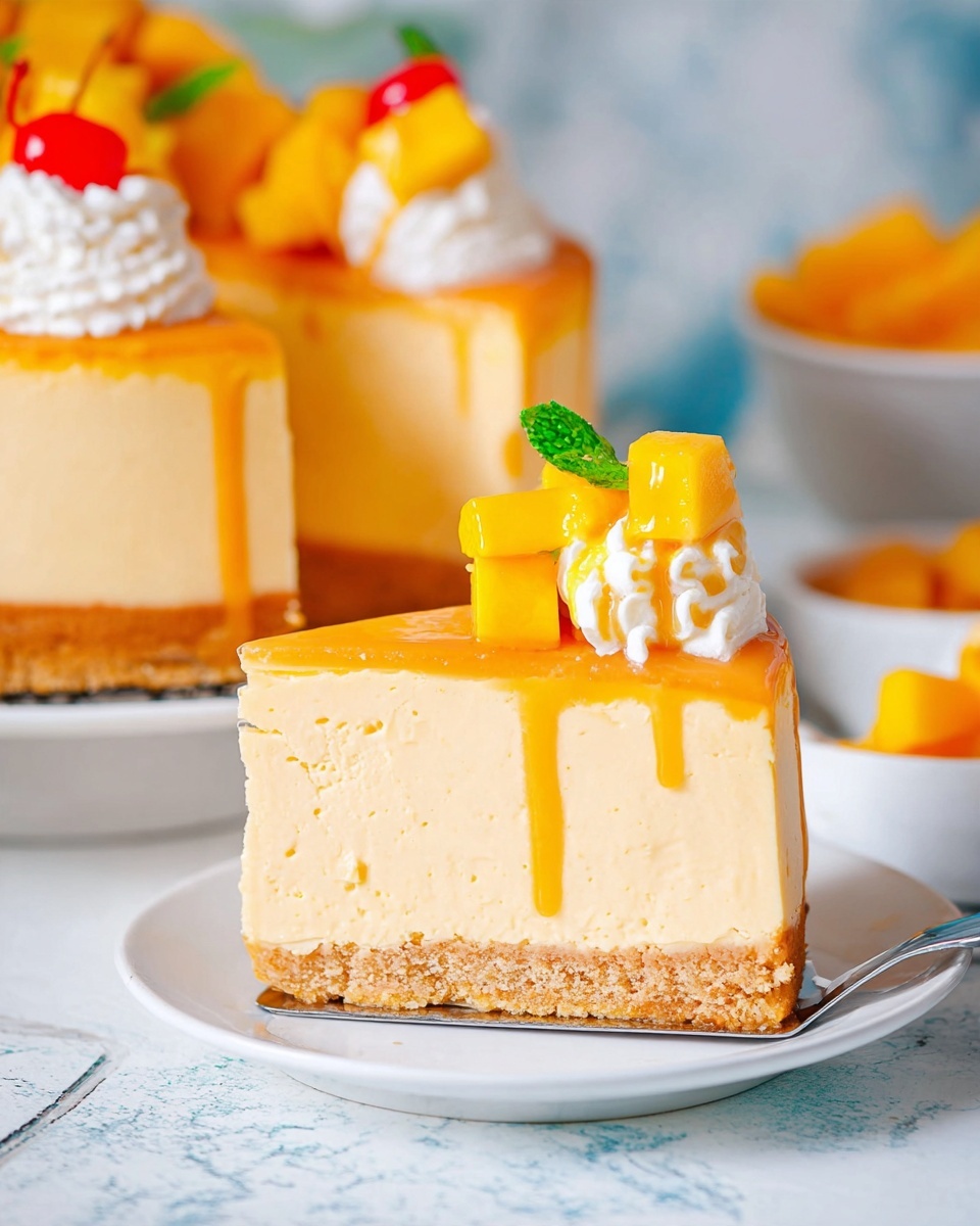This image shows a mango cheesecake with three visible layers: a brown crumbly base, a thick pale yellow creamy middle, and a bright yellow mango topping layer. The top of the cake is decorated with small cubed mango pieces, some whipped cream swirls, small red berries, and fresh green mint leaves. The yellow mango sauce drips down the sides of the cheesecake. The cake slices are placed on a white plate, and the background surface is a white marbled texture. Photo taken with an iphone --ar 4:5 --v 7