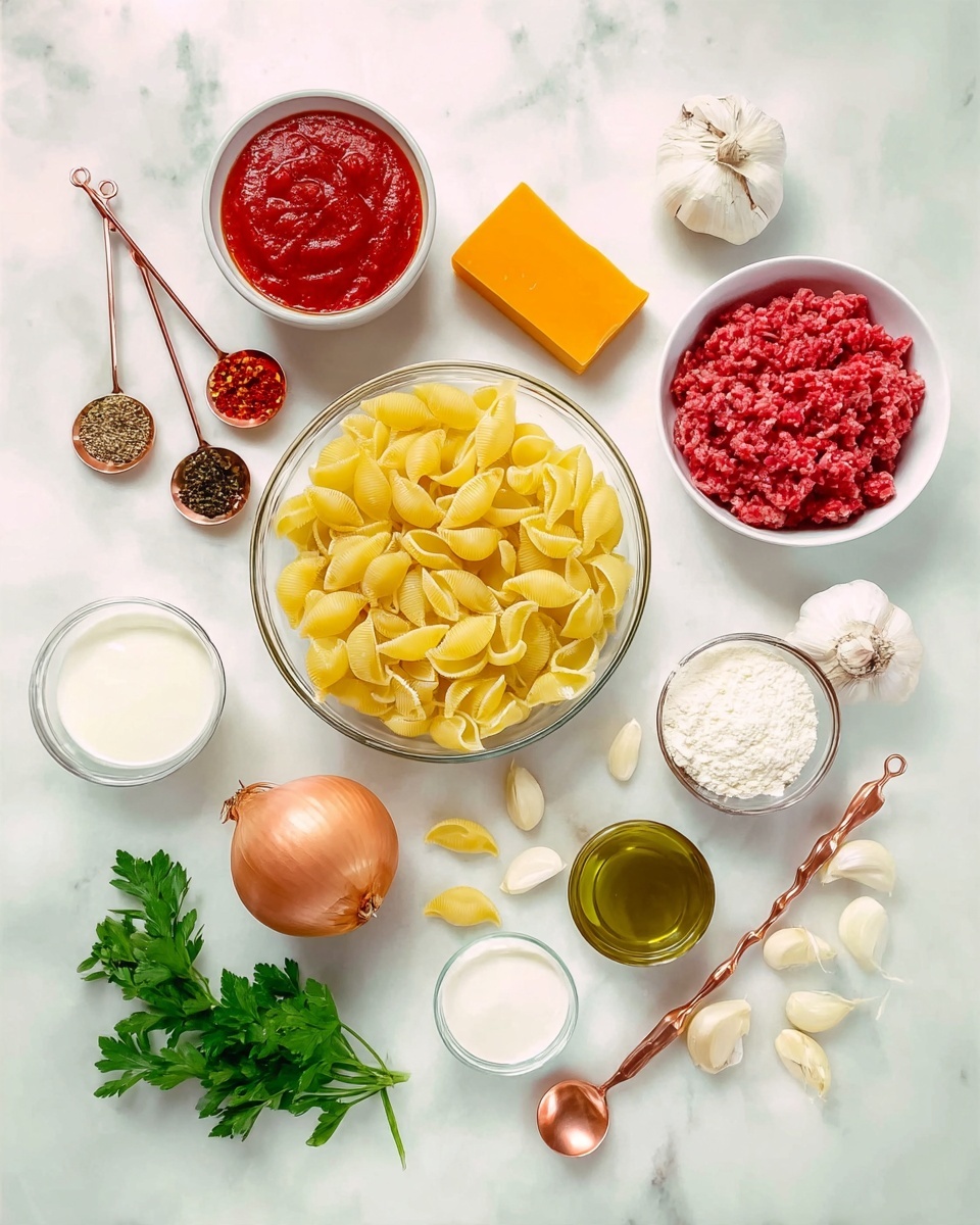 A top view shows several cooking ingredients arranged on a white marbled surface. In the center, a clear bowl holds yellow shell pasta. Surrounding it are a bowl of bright red sauce on the upper left, a block of orange cheese below it, and a round bowl with raw red ground meat below the cheese. To the right of the pasta bowl, a glass cup with a brown liquid sits near several copper measuring spoons filled with dried herbs and red spices. Below the spoons, a whole brown onion and scattered uncooked pasta shells rest on the surface, along with a sprig of green parsley near the bottom center. Other small bowls include white flour, green olive oil in a small white container, white cream in a clear bowl, and minced garlic in another clear bowl. A whole garlic bulb is near the bottom left corner. photo taken with an iphone --ar 4:5 --v 7