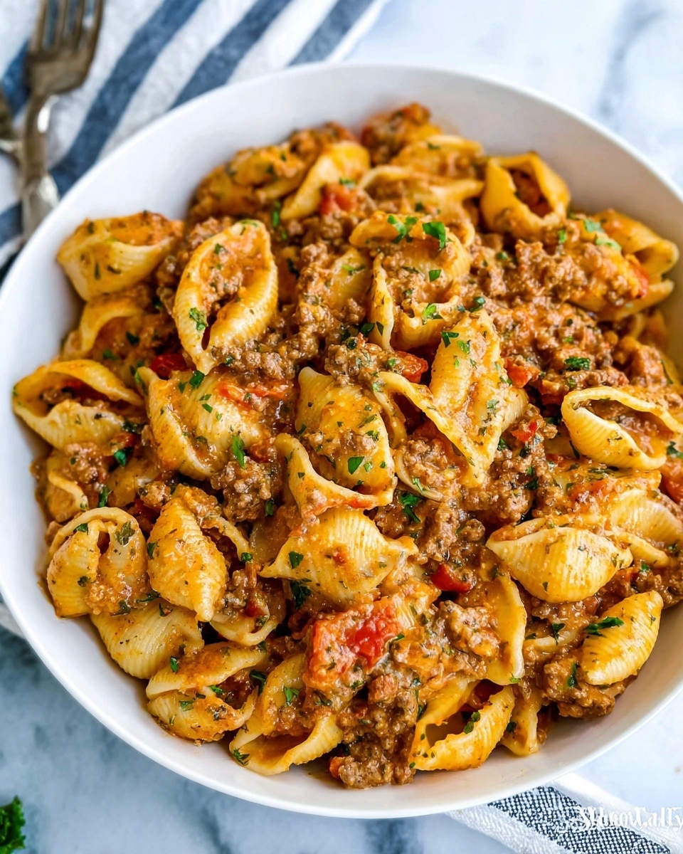 A large round pan filled with many yellow pasta shells cooked in a thick, orange-brown sauce with visible bits of browned meat and small pieces of red tomato. The pasta is evenly covered by the sauce, with some green herbs sprinkled on top for color. The pan sits on a white marbled surface with a wooden pasta spoon handle visible on one side, and a few green herb leaves are scattered nearby. photo taken with an iphone --ar 4:5 --v 7
