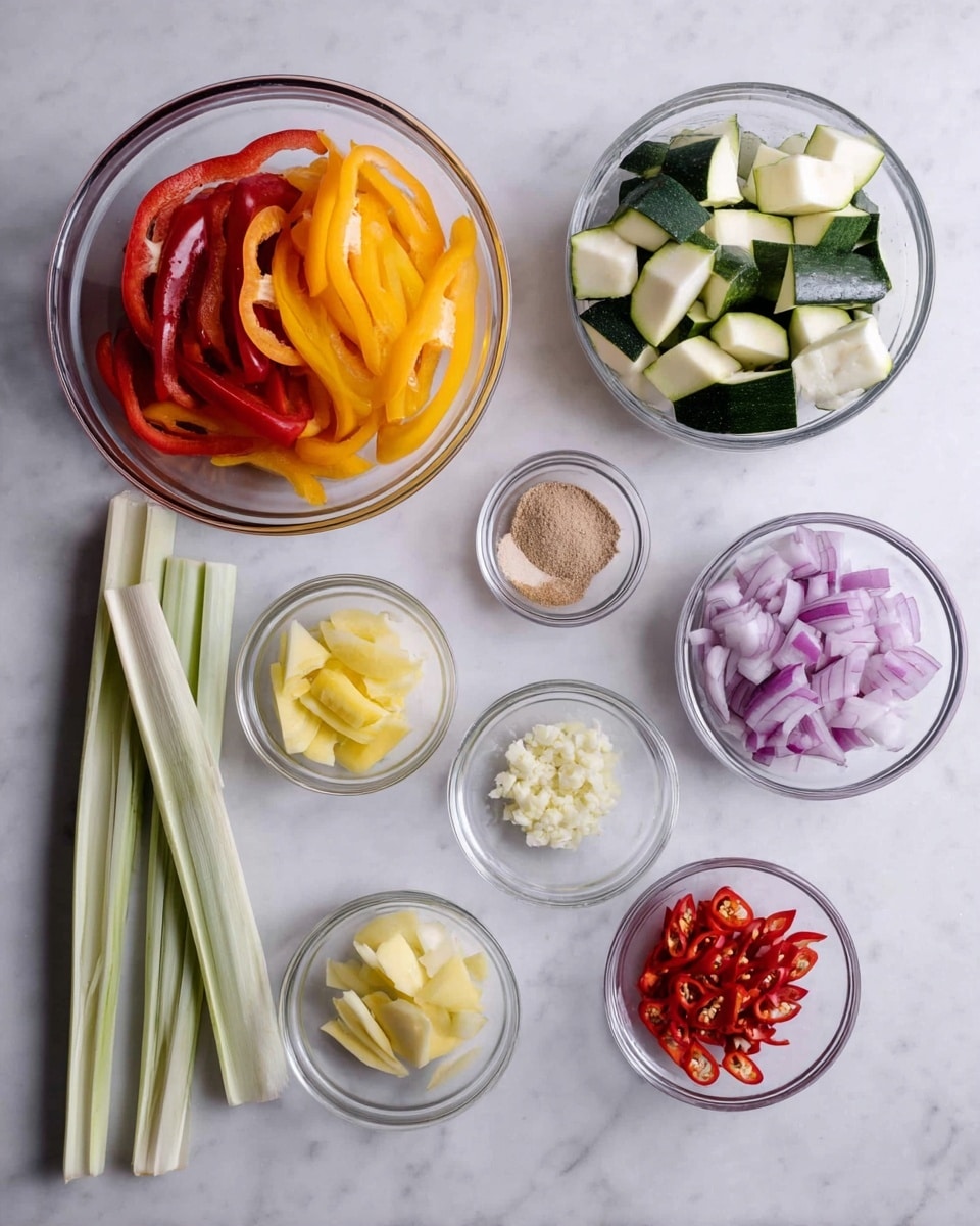 The image shows a white marbled surface with nine clear glass bowls and four stalks of lemongrass. The largest bowl on the left contains thinly sliced red and yellow bell peppers layered with smooth, shiny textures. To its right, a medium bowl holds chopped zucchini pieces, with a mix of dark green skin and pale inner flesh. Above this is another medium bowl filled with small pieces of purple-red onion, showing a slightly layered, papery texture. To the right of the onions, a small bowl contains finely minced garlic with a soft, creamy color. Below the garlic bowl is another small bowl with thin yellow slices, likely ginger, showing a lightly fibrous texture. In the center bottom, there is a small bowl of light brown ground spice powder. Next to it, a small bowl holds coarse white salt with a crystalline structure. The last small bowl contains thinly sliced red chili peppers with seeds showing. The four lemongrass stalks lie horizontally across the bottom left corner, with a pale green and white color and a smooth texture. photo taken with an iphone --ar 4:5 --v 7