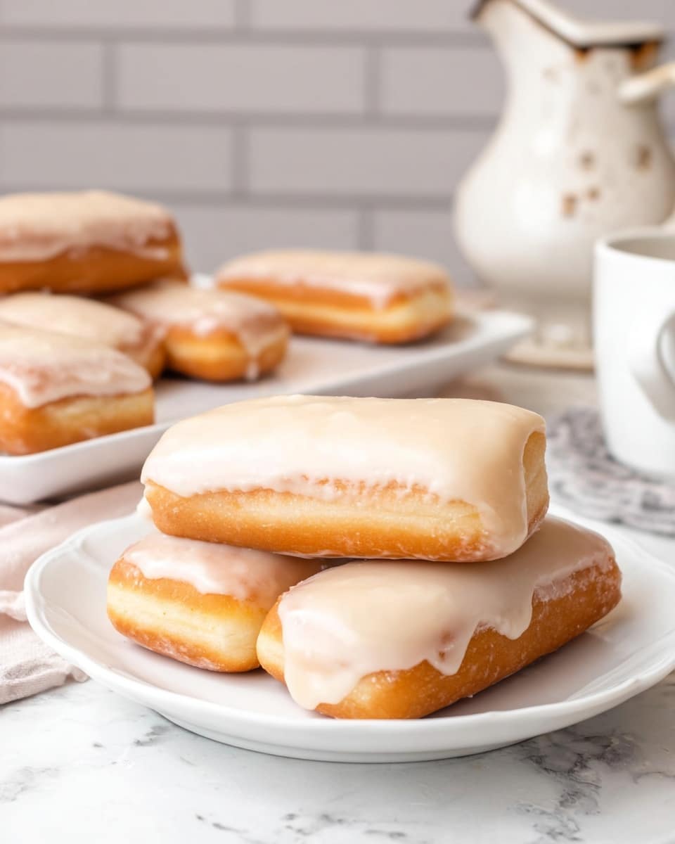 A white plate holds a stack of three rectangular donuts topped with smooth, shiny light beige icing that covers the top of each donut. The donuts have a golden brown base with a soft, slightly bumpy texture visible beneath the icing. More iced donuts are scattered in the background on a white marbled surface, and a white tray with additional donuts sits slightly out of focus behind them. The scene also includes some white pottery with a worn, rustic look and a white ceramic pitcher, all set against a light gray brick wall. The lighting is soft and natural, highlighting the donuts' glossy icing and golden crust. Photo taken with an iphone --ar 4:5 --v 7