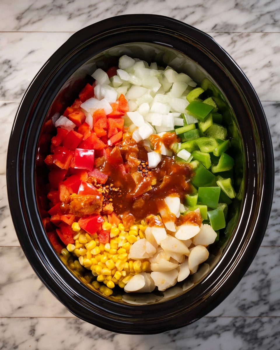 A black oval slow cooker is filled with colorful raw vegetables arranged in a layered circle without mixing; at the top center are white chopped onions with a thick brown sauce drizzled over them. Below and around the onions are chopped green bell peppers on the right, yellow bell peppers at the bottom, light beige sliced water chestnuts next to the onions, bright red chopped bell peppers on the left, and small yellow baby corns scattered near the top left. In the center among the vegetables, there is a small pile of minced garlic and chili flakes. The slow cooker is placed on a white marbled surface. photo taken with an iphone --ar 4:5 --v 7