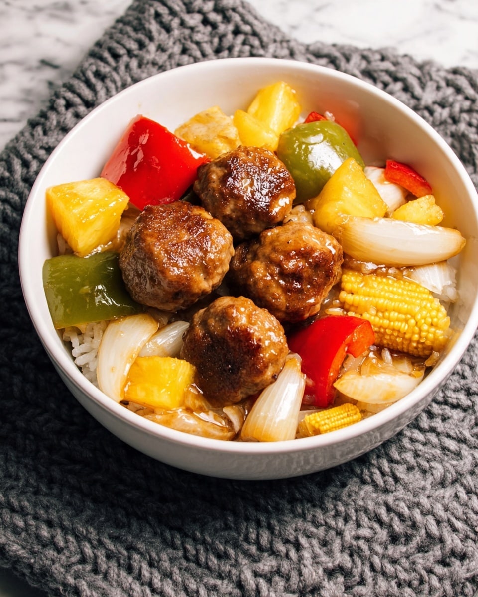 A white bowl filled with a base layer of white rice, topped with five browned meatballs. Around the meatballs are chunky vegetable pieces: bright yellow pineapple chunks, green bell pepper slices, red bell pepper pieces, and sliced white onion. There are small yellow baby corns scattered among the vegetables, and the dish is coated lightly with a shiny sauce. The bowl is placed on a textured gray knitted mat over a white marbled surface. Photo taken with an iphone --ar 4:5 --v 7