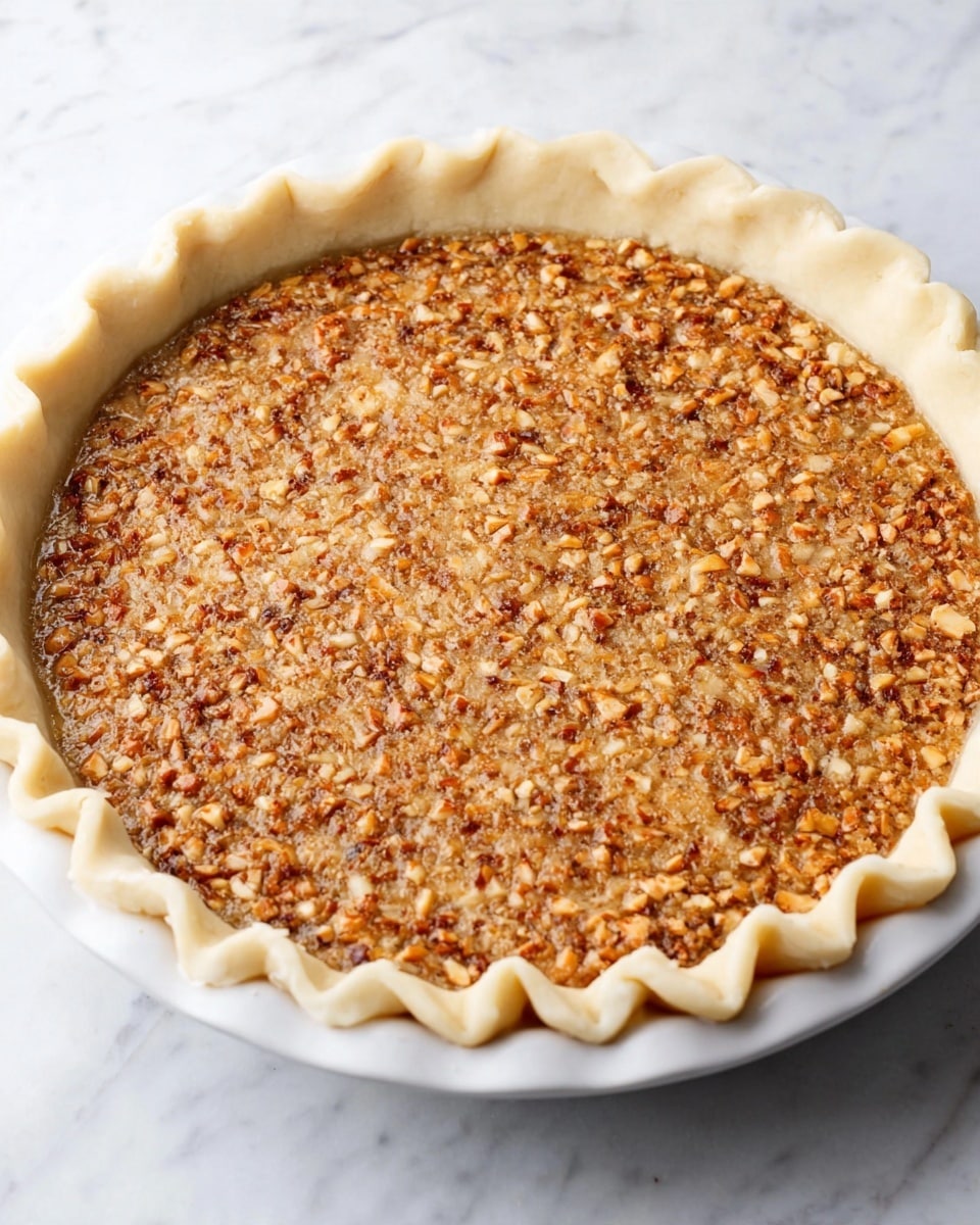 A white pie dish holds a pie with two visible layers: the bottom layer is a smooth, pale dough crust with crimped edges folded neatly around the rim, while the top layer is a thick, textured filling filled with small, uneven pieces in shades of golden brown and tan, evenly spread across the pie surface. The pie sits atop a white marbled surface. photo taken with an iphone --ar 4:5 --v 7