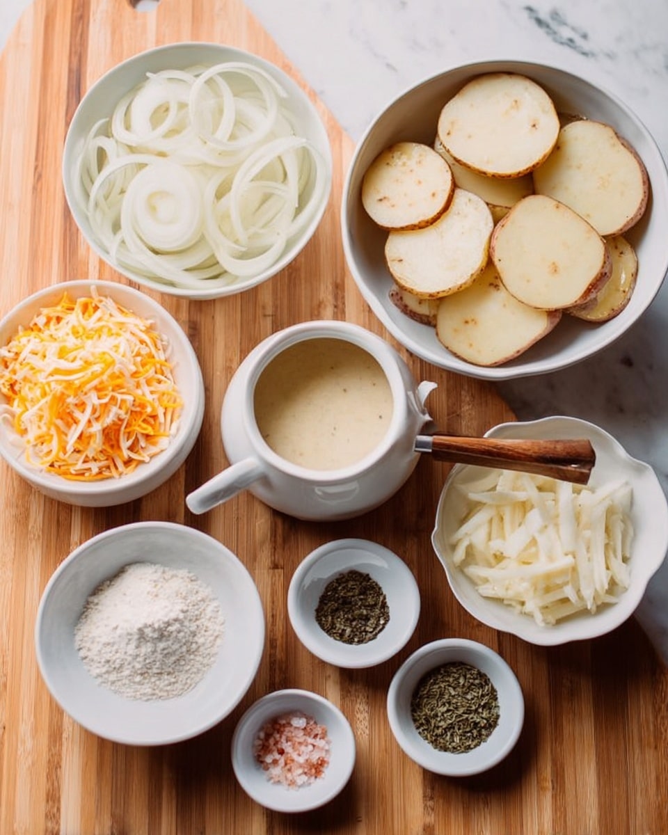 The image shows a wooden table with several white bowls and small white dishes arranged neatly. On the right, a white bowl holds several round slices of potatoes, light brown with skin still on. Next to it is a small white saucepan with a wooden handle, filled with a creamy light sauce. To the left, one large white bowl contains thinly sliced white onions, and another large white bowl holds shredded orange cheese. In front of these larger bowls are five small white dishes, each holding different ingredients: a pile of white flour, small bits of minced garlic, dried green herbs, black pepper, a dark liquid, and pink salt. The background is a white marbled texture. photo taken with an iphone --ar 4:5 --v 7
