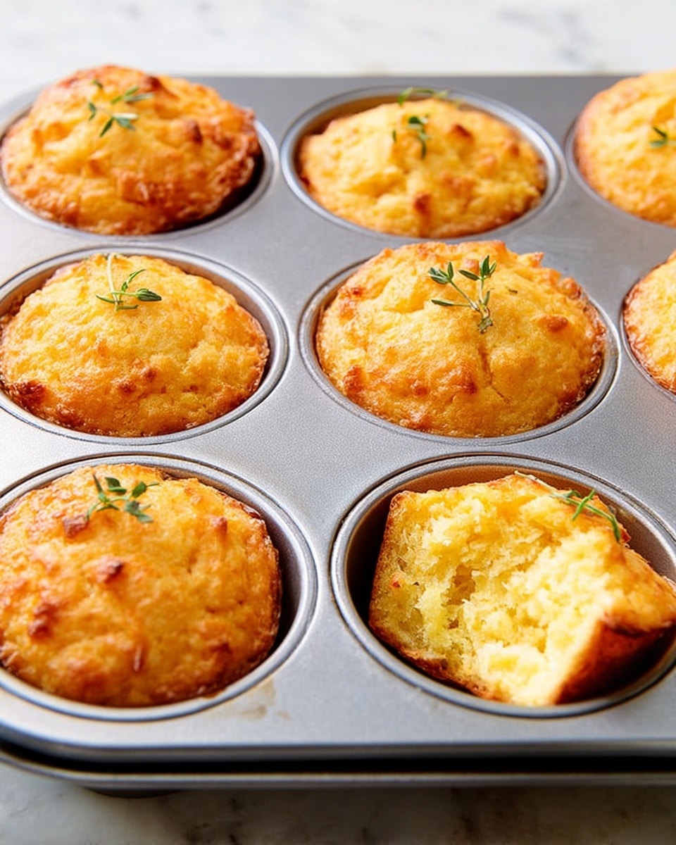 The image shows a metal muffin tray with nine golden brown muffins, each in its own round compartment. The muffins have a slightly rough top crust that looks crunchy and textured, with some small herbs like thyme placed on a few as decoration. One muffin on the bottom right is partially removed, revealing a soft, fluffy, light yellow inside. The tray is set on a white marbled surface with soft lighting highlighting the warm colors of the muffins. photo taken with an iphone --ar 4:5 --v 7