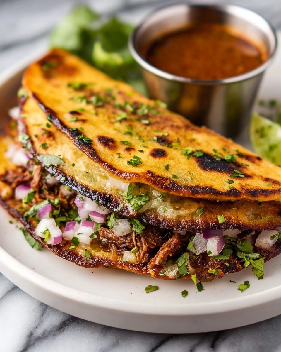 A close-up of a folded taco on a white plate showing two layers of soft tortilla that are golden brown with some charred marks, sprinkled lightly with small green herb bits on top. Inside, the taco is filled with shredded brown meat mixed with bright green chopped cilantro and diced purple and white onions, giving a fresh and colorful look. In the background, there is a small metal cup with reddish-brown sauce, all set on a white marbled surface. photo taken with an iphone --ar 4:5 --v 7