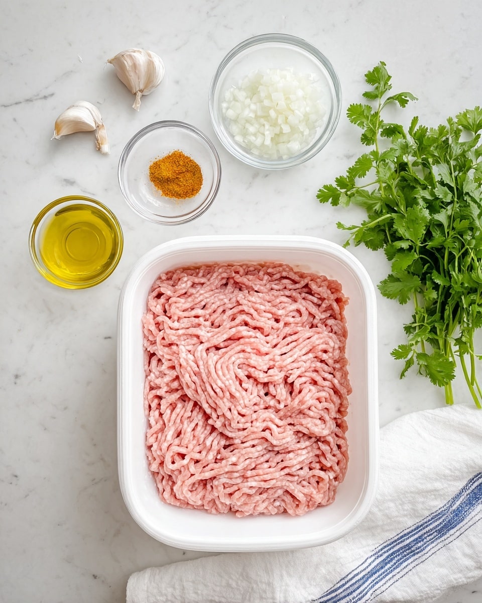 The image shows a white plastic container filled with light pink ground meat that has a soft texture and lines from the grinding process. Above the container are three small clear glass bowls; one has finely chopped white onions, another contains a yellow-orange spice mix, and the last one has coarse salt. To the left, there are three garlic cloves in a small clear bowl, and below that, a small clear bowl with golden olive oil. On the right side of the container, there is a bunch of fresh green cilantro leaves. All items are placed on a white marbled surface with a white cloth showing blue stripes at the bottom right. photo taken with an iphone --ar 4:5 --v 7