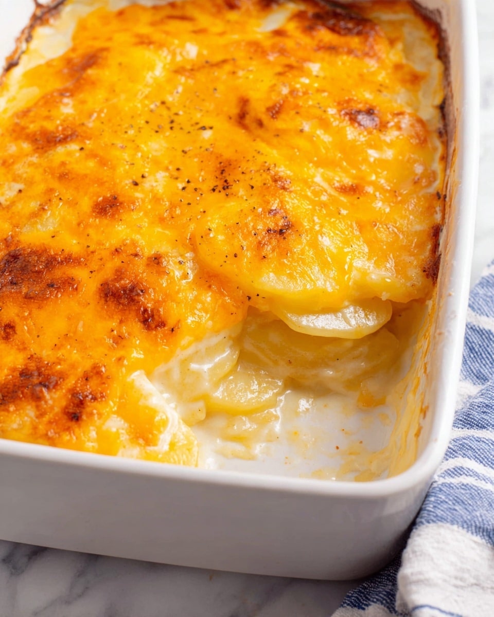 A white rectangular dish filled with a golden yellow cheesy casserole, showing multiple soft layers of creamy potatoes covered evenly with melted cheese on top, held by a white spatula with a silver handle above the dish, with a white marbled surface underneath and a blue and white striped towel draped beside it; in the blurred background, there are two silver-lidded spice jars and stacked white plates with forks. photo taken with an iphone --ar 4:5 --v 7