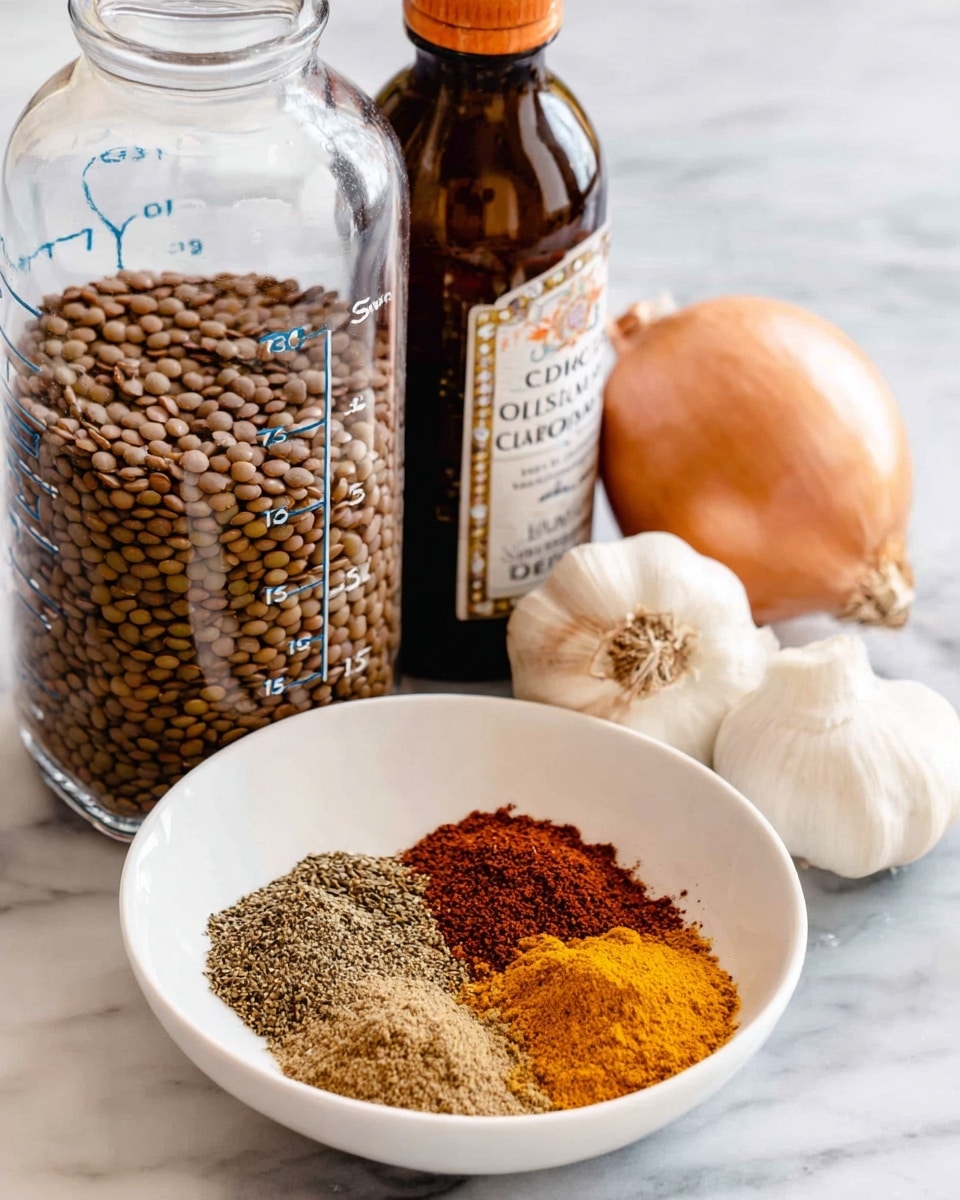The image shows a clear measuring cup filled about three-quarters with small brown lentils on the left side, next to a dark brown bottle with white and orange text. A whole light brown onion and a bunch of white garlic bulbs sit in front of the bottle to the right. In the center foreground, there is a white bowl containing six different dry spices in small piles: light brown, dark brown, yellow, reddish, and orange colors. Everything is placed on a white marbled surface. Photo taken with an iphone --ar 4:5 --v 7