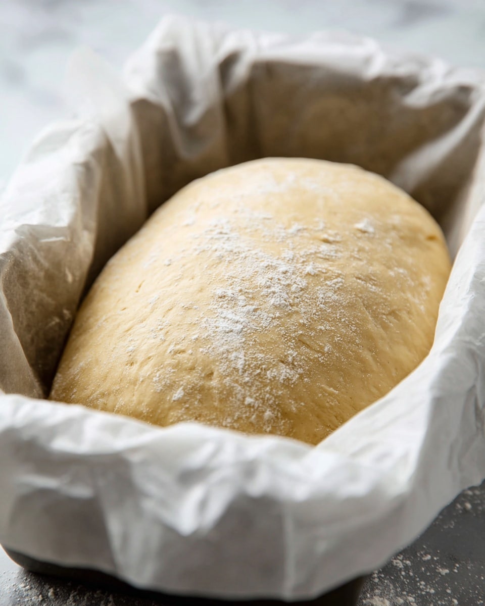 A close-up of a smooth, light golden dough resting in a white baking tray lined with crinkled white parchment paper. The dough fills the tray, with a few soft flour spots dusted lightly on top. The background shows a soft, white marbled surface that adds a clean and bright feel to the image. photo taken with an iphone --ar 4:5 --v 7