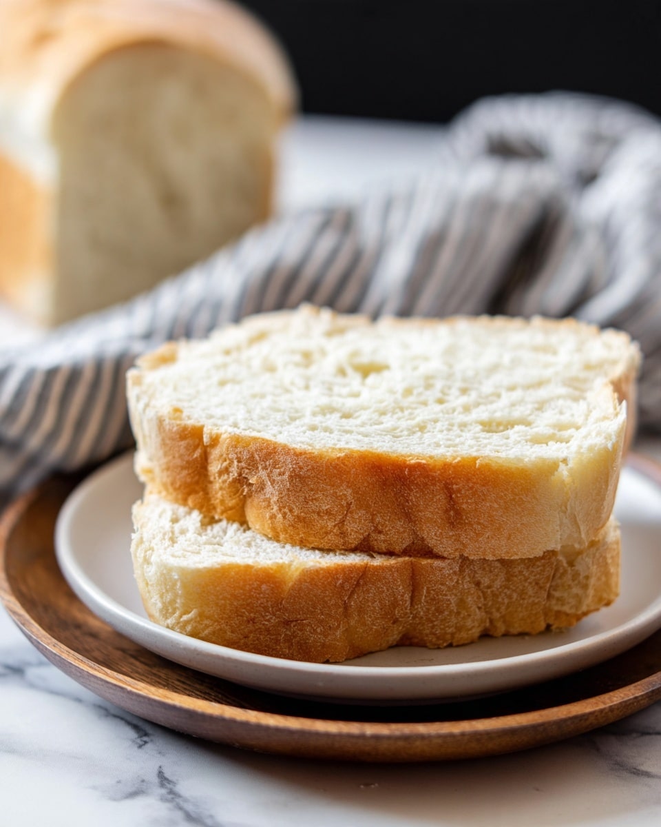 Two thick slices of soft white bread with a light golden crust are stacked on a white plate, which rests on a wooden tray. The bread looks fluffy with a slightly uneven texture, showing small holes typical of fresh bread. In the background, a blurred loaf of bread and a striped cloth can be seen, all set on a white marbled surface. photo taken with an iphone --ar 4:5 --v 7