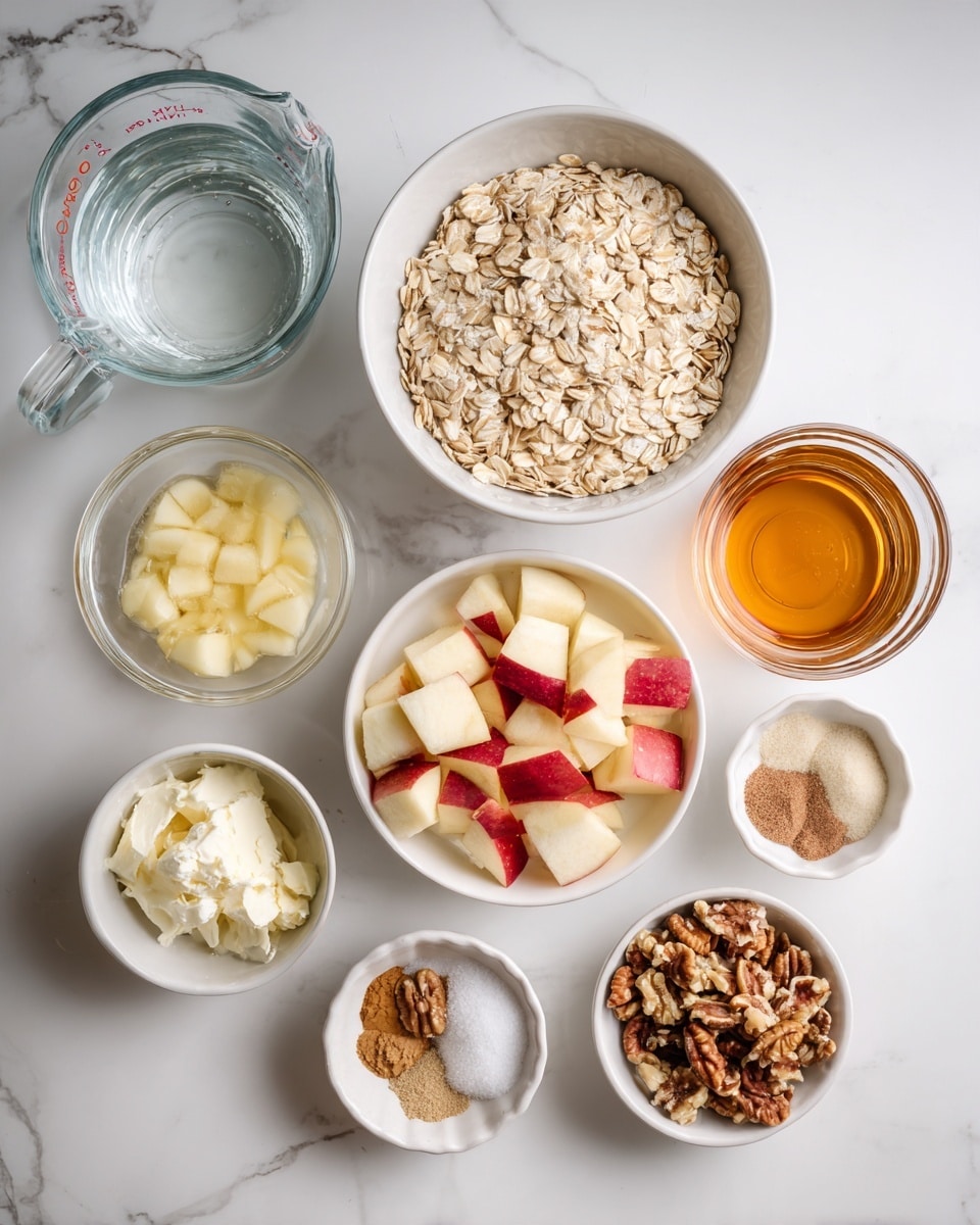 The image shows a top view of several ingredients laid out on a white marbled surface, each in separate white or clear bowls. There is a clear glass measuring cup with water in the upper left, a white bowl filled with light tan rolled oats to the right of it, and a small white bowl with diced apple pieces with red skin in the lower left. A small clear bowl of pale yellow egg whites is positioned below the oats, and a small white dish with piles of cinnamon and salt is to the right of the apple bowl. Some chopped nuts are visible in another white bowl in the bottom left corner. In the top right corner, there is a glass container with amber-colored liquid. Photo taken with an iphone --ar 4:5 --v 7