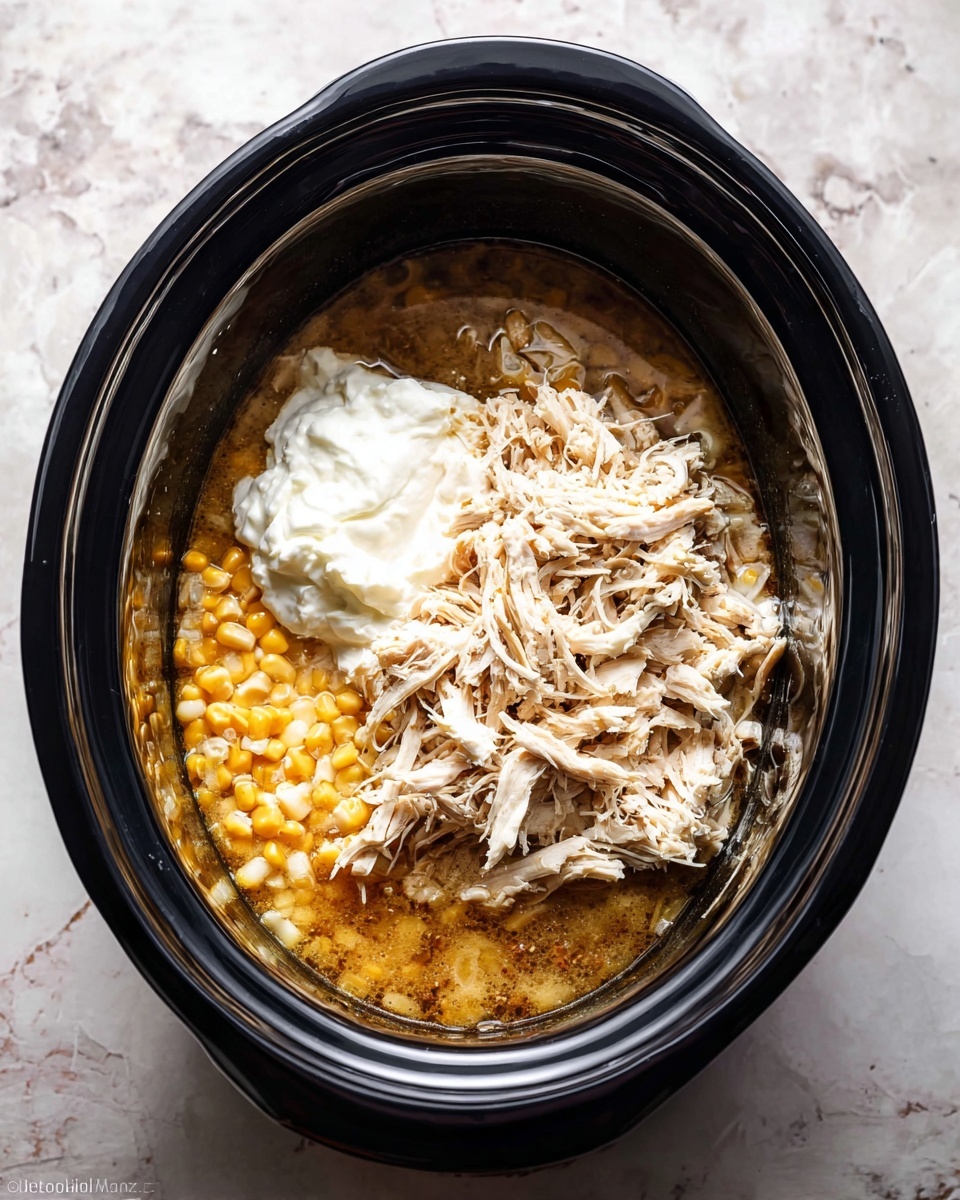 A black slow cooker filled with three visible layers: at the bottom is a clear broth with small pieces of onion and corn, in the middle a large pile of shredded white chicken, and on the left side near the top is a dollop of thick white cream. The slow cooker sits on a white marbled surface. photo taken with an iphone --ar 4:5 --v 7