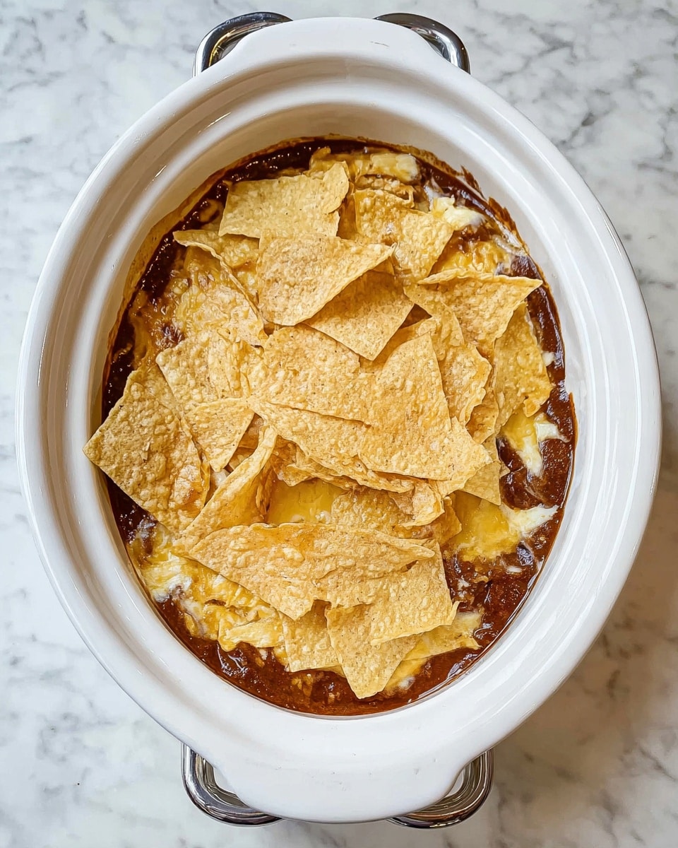 A white bowl sits on a white marbled surface filled with three visible layers: the bottom layer is a rich dark reddish-brown sauce, the middle layer is a blend of melted cheese that is cream-colored and slightly textured, and the top layer is broken, light yellow crispy tortilla chips covering the cheese and sauce partially with some chips overlapping. The bowl is oval-shaped with two metal handles on each side. photo taken with an iphone --ar 4:5 --v 7