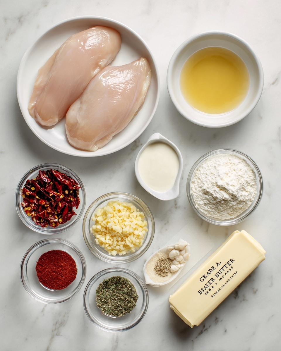 The image shows several ingredients arranged on a white marbled surface. At the top, there is a white bowl holding two raw, light pink chicken fillets with a smooth, slightly shiny texture. To the right, a white bowl is filled with a golden yellow liquid, likely broth. Below the chicken, a small white ramekin contains a creamy white liquid. Next to it, there is a clear glass bowl filled with a white powder, possibly flour. To the left, another clear glass bowl contains dried, dark red chili flakes with a rough texture. Below the chili flakes, a small white bowl holds finely minced yellow garlic. At the bottom, three small white dishes hold dried green herbs, bright red paprika powder, and light beige onion or garlic powder, respectively. At the very bottom, a stick of pale yellow butter is wrapped in paper labeled
