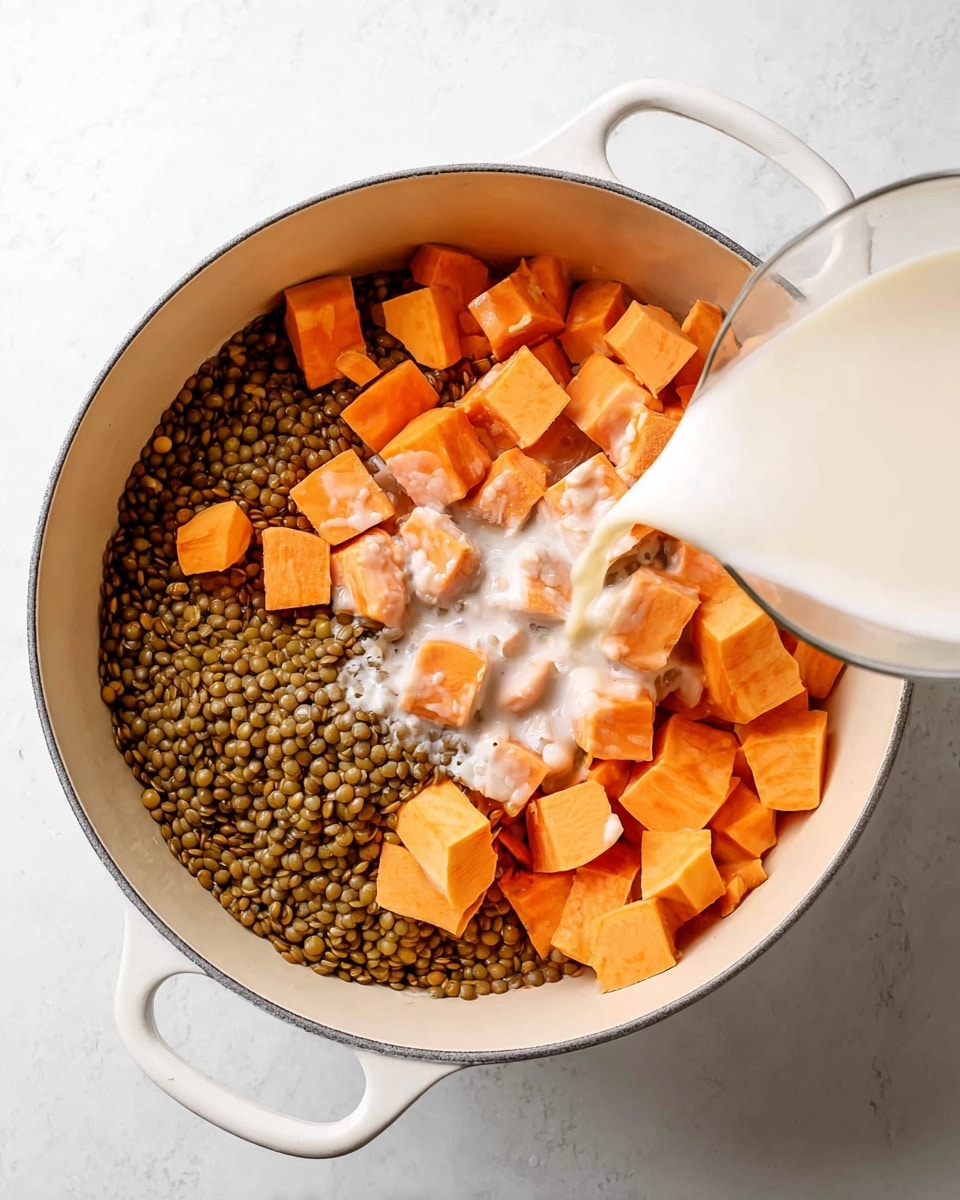 A white pot sits on a white marbled surface holding three main layers: whole green lentils at the bottom left, bright orange sweet potato chunks on the right and top, and a creamy white liquid being poured in from the top right, spreading over the lentils and sweet potatoes. The pot has two handles visible on either side, and the liquid creates a soft contrast on the textured vegetables and lentils. photo taken with an iphone --ar 4:5 --v 7