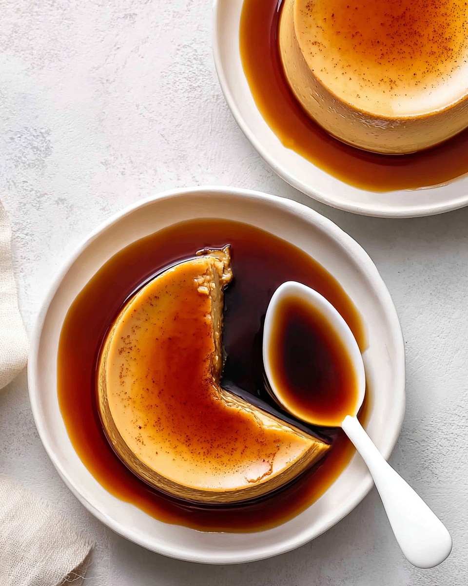Two white bowls sit on a white marbled surface. Each bowl contains a smooth, light brown puddinglike layer shaped like a dome, partially removed to show its soft texture. The bowls are filled with a dark amber liquid that surrounds the pudding. A white spoon rests on the edge of one bowl, holding some of the dark liquid. photo taken with an iphone --ar 4:5 --v 7